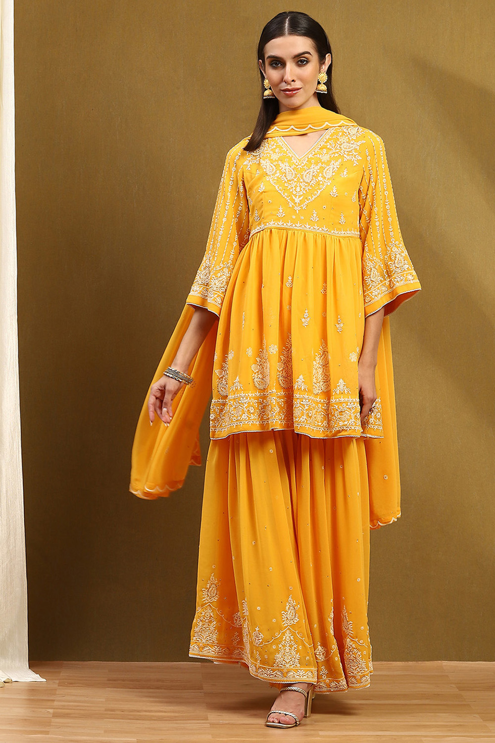 Yellow Georgette Gathered Suit Set image number 6