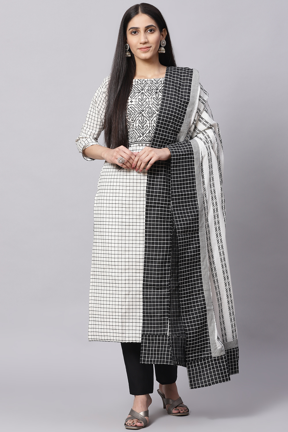 White Cotton Handloom Unstitched Suit Set image number 0