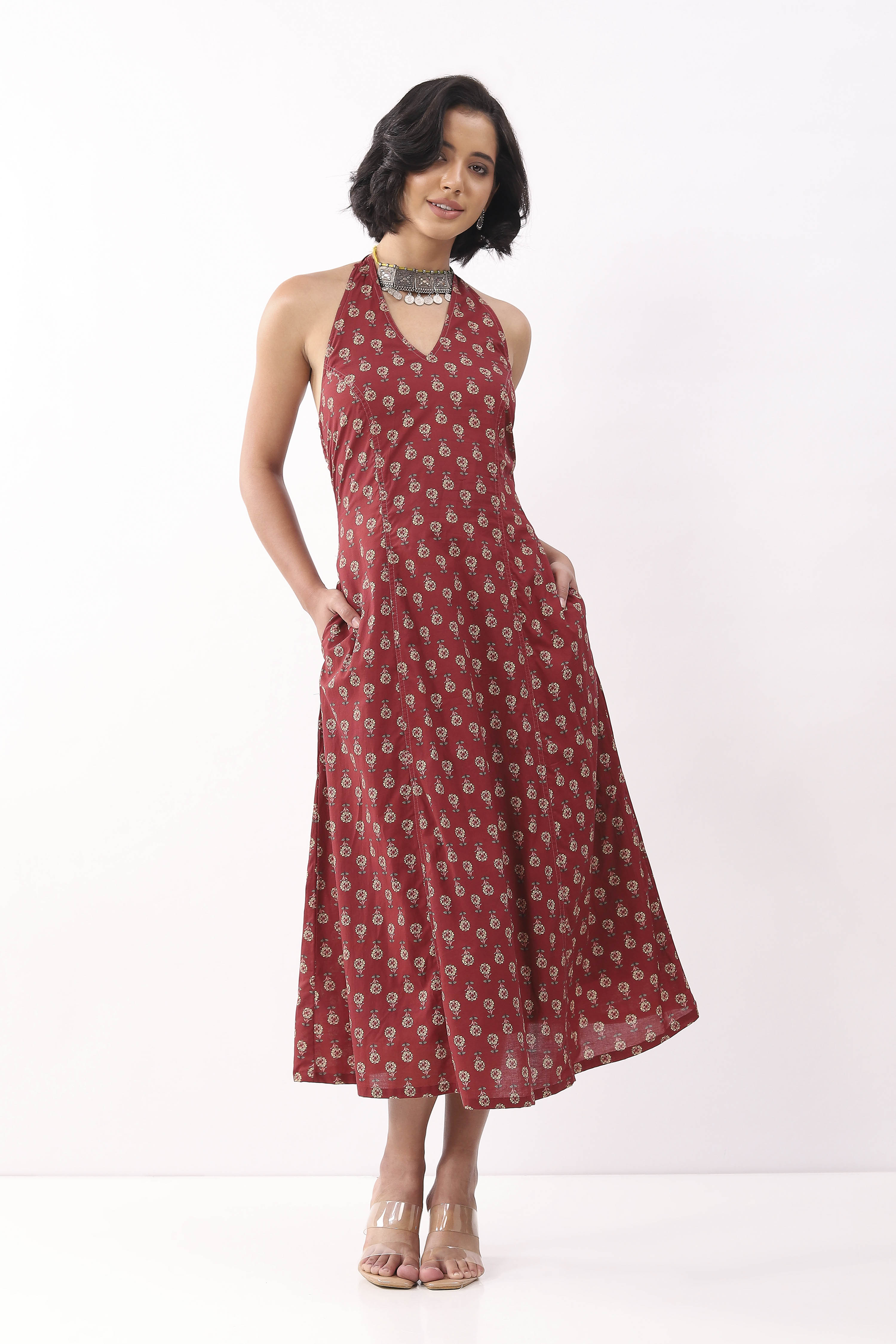 Red Cotton Floral Printed Lace-Up Midi Dress image number 0