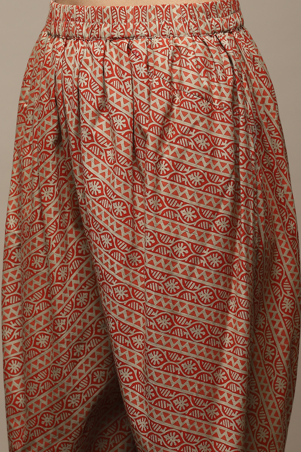 Red Cotton Hand Block Print Unstitched Suit Set image number 7