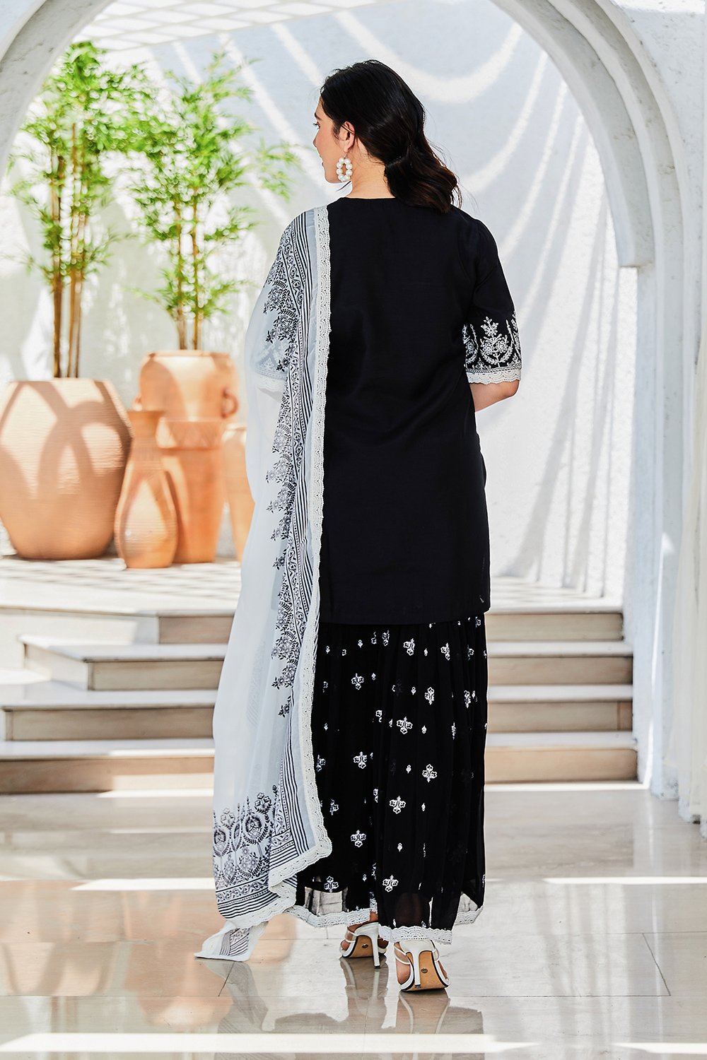 Black Embroidered Straight Kurti & Garara Suit Set image number 4