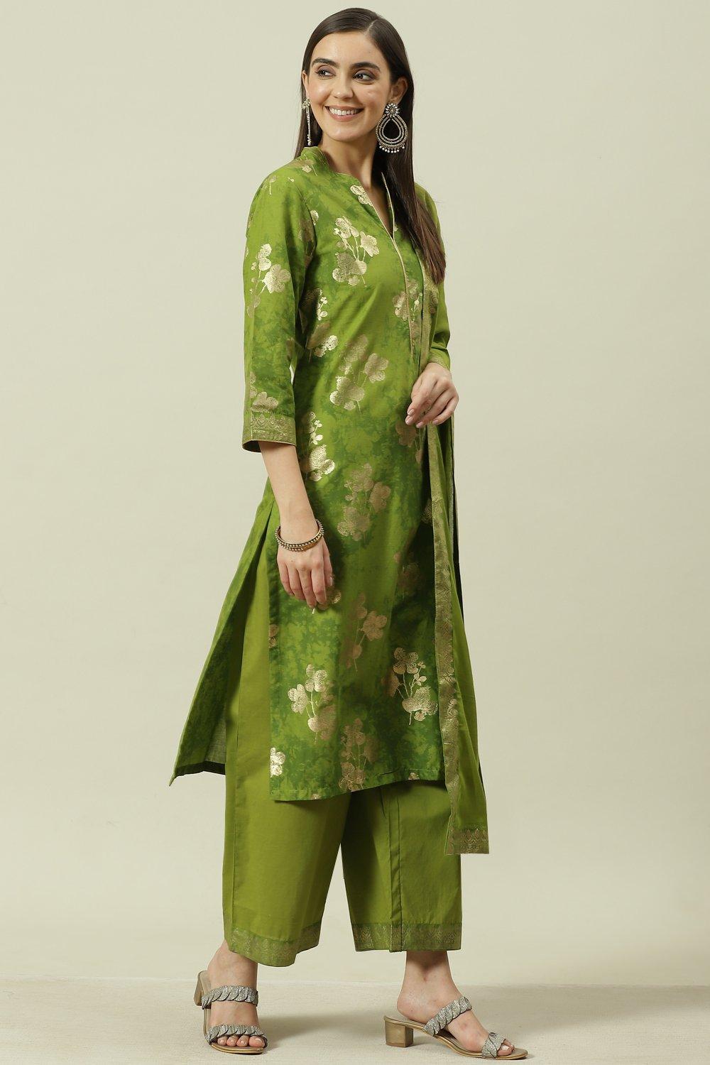 Mehndi Cotton Straight Kurta Palazzo Suit Set image number 7