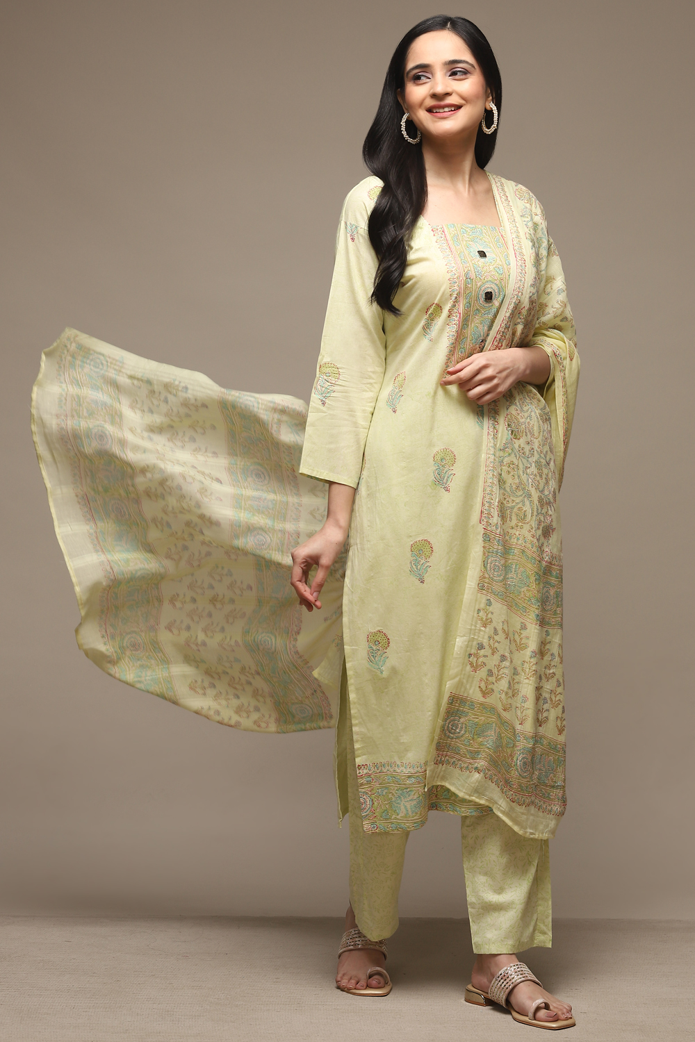 Green Cotton Hand Block Print Unstitched Suit Set image number 2