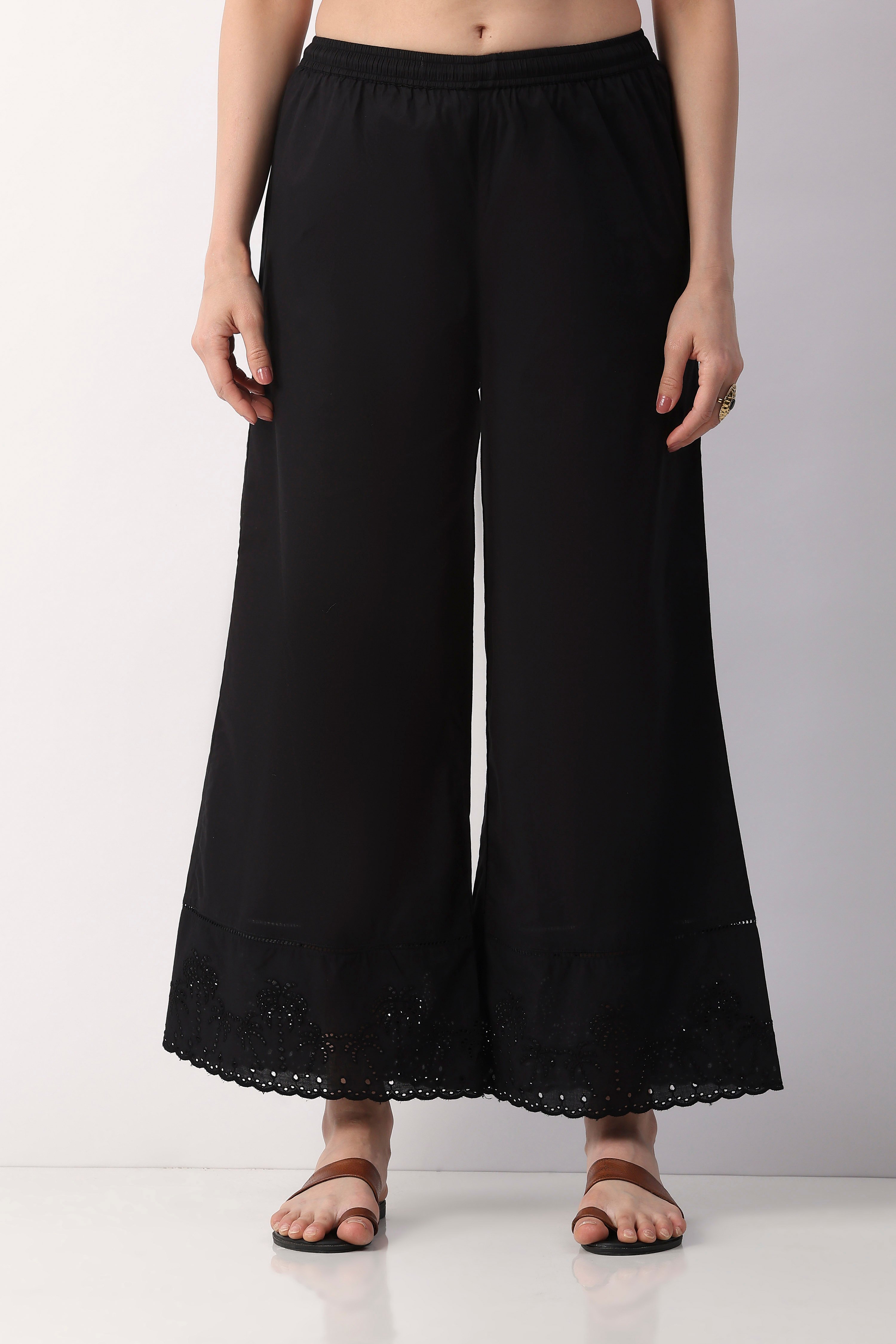 Black Cotton Flared Dyed Palazzos image number 5