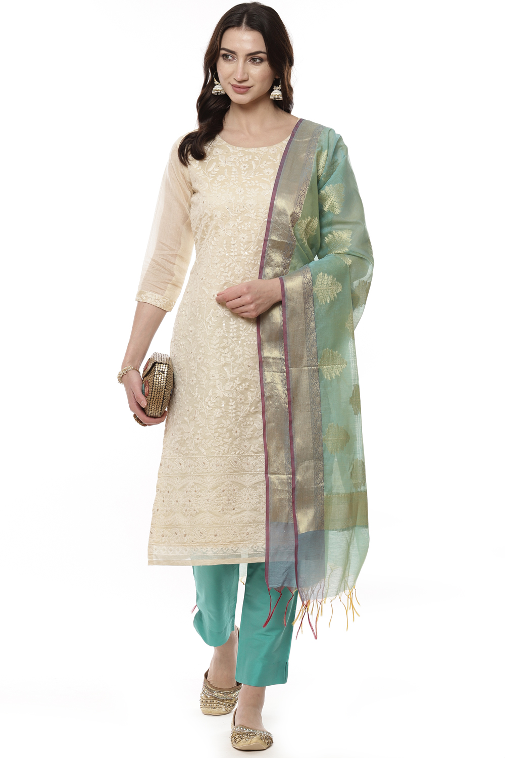 Beige Cotton Blend Machine Embroidered Unstitched Suit Set image number 7