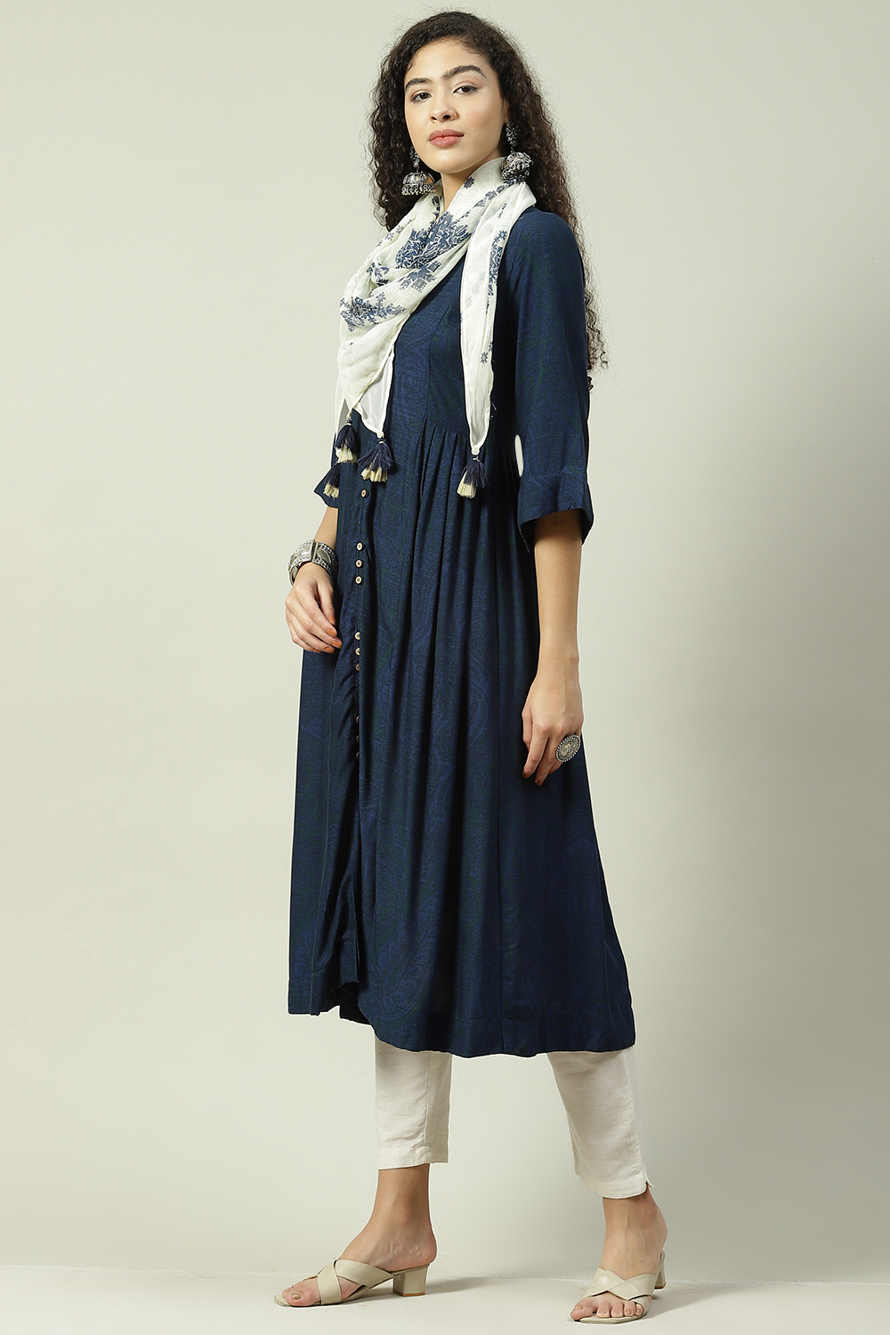 Ecru LIVA A-Line Fusion Printed Dress image number 3