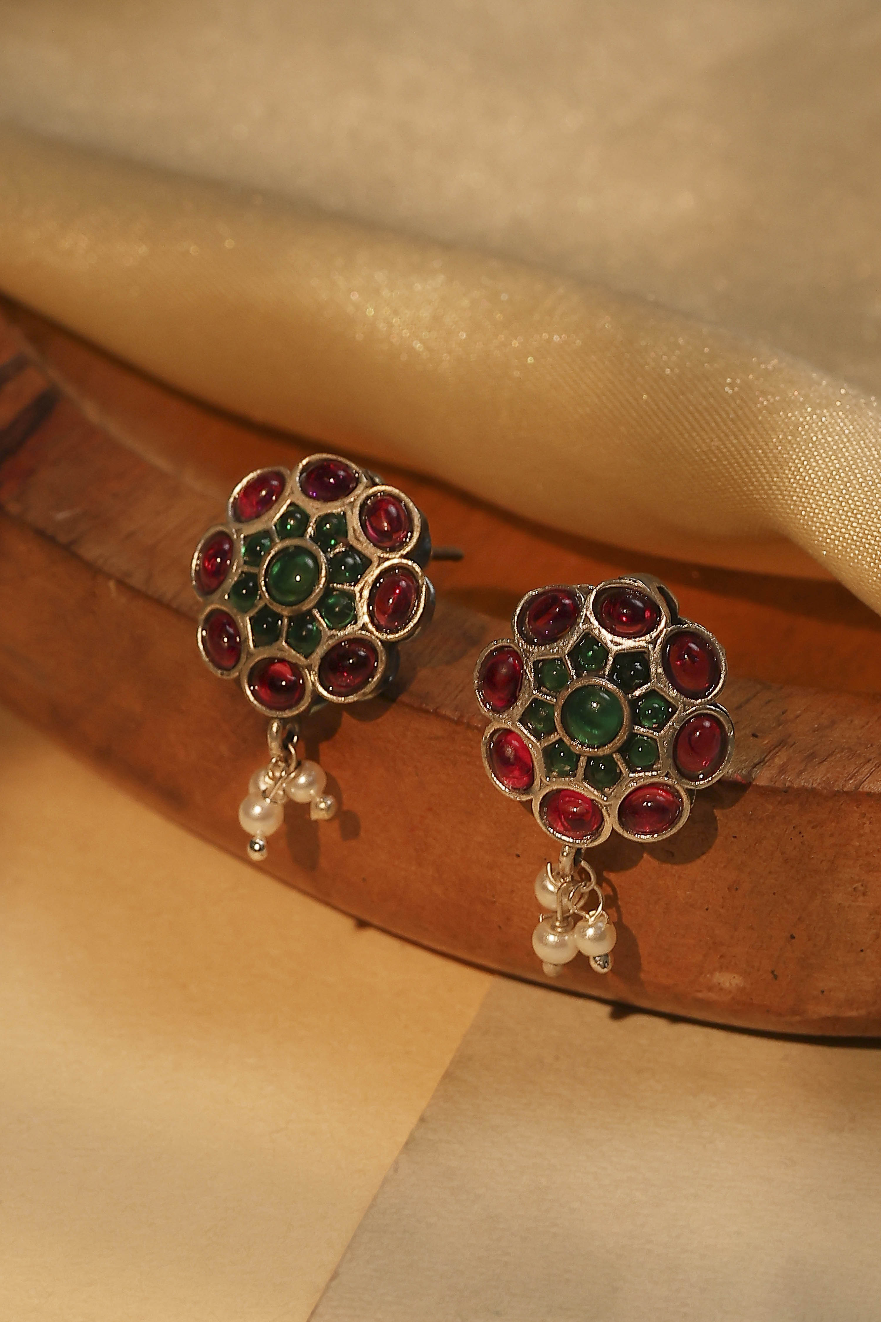 Green Pink Stone Embellished Earrings image number 0