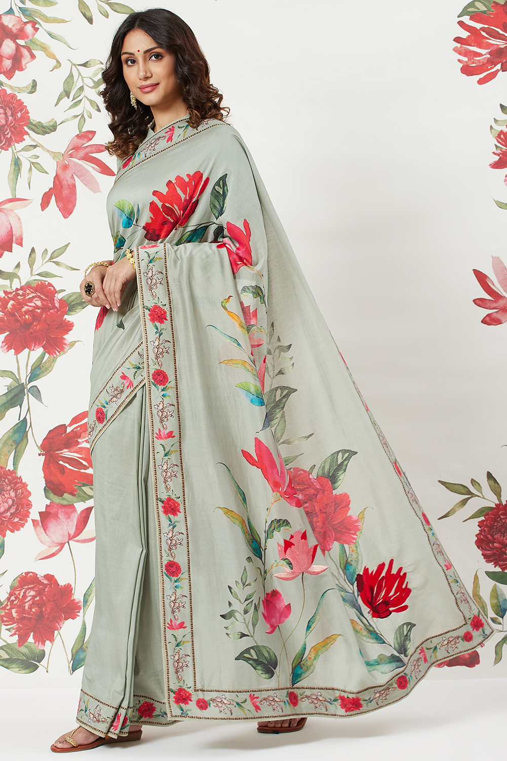 Green Chanderi Silk Printed Saree With Blouse image number 2