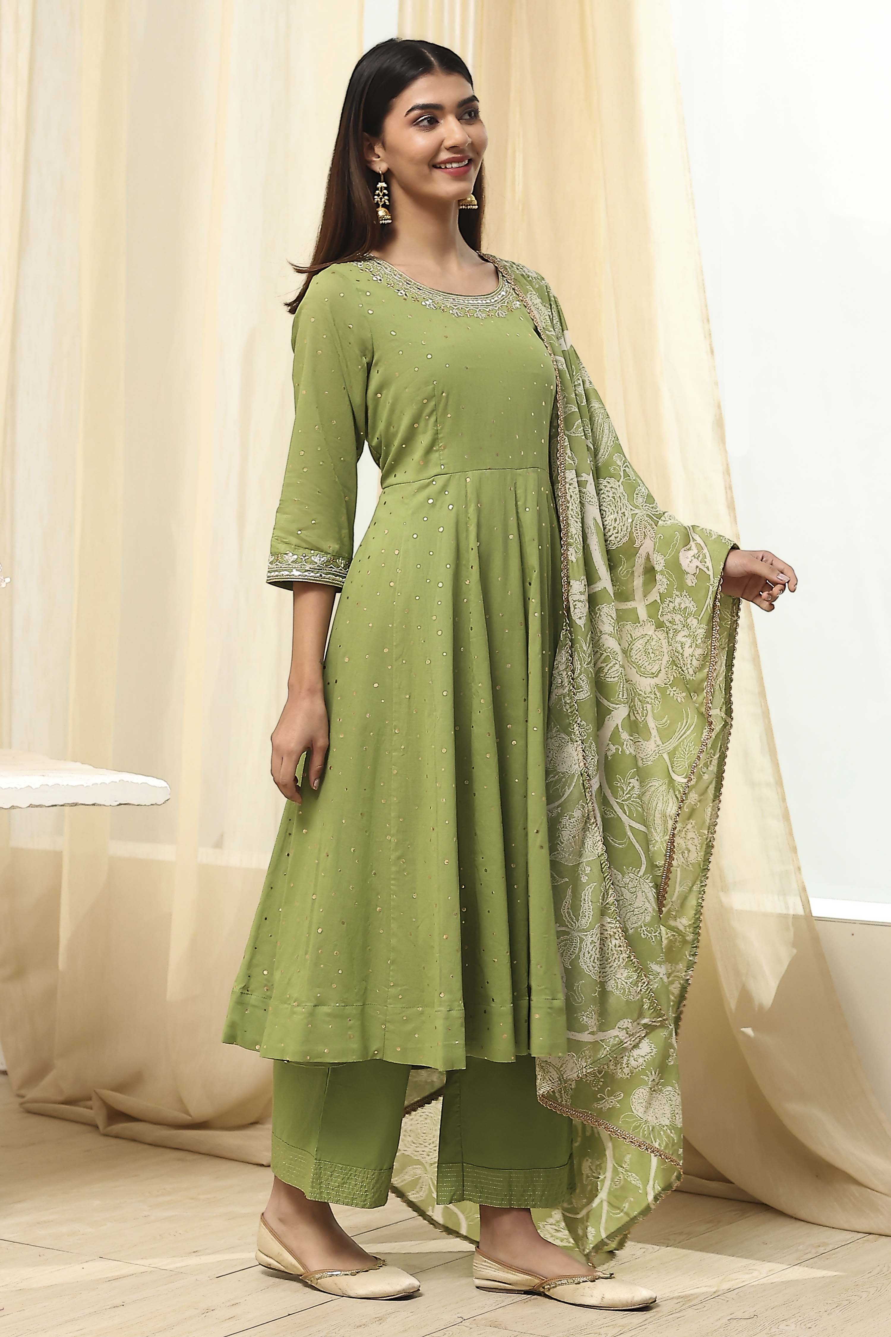Blue Cotton Foil Printed Anarkali Suit Set image number 5