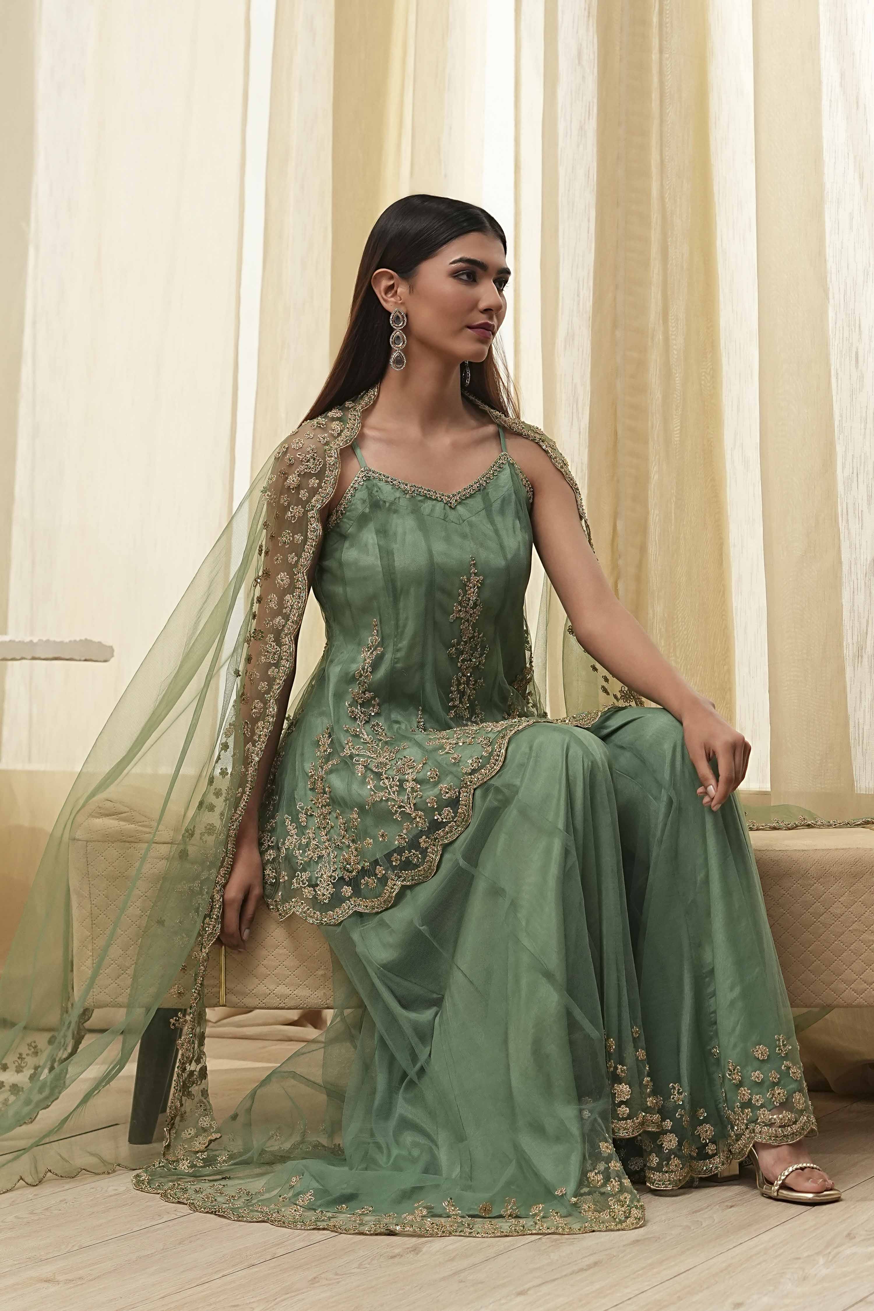 Green Net Embroidered Kalidar Suit Set image number 0
