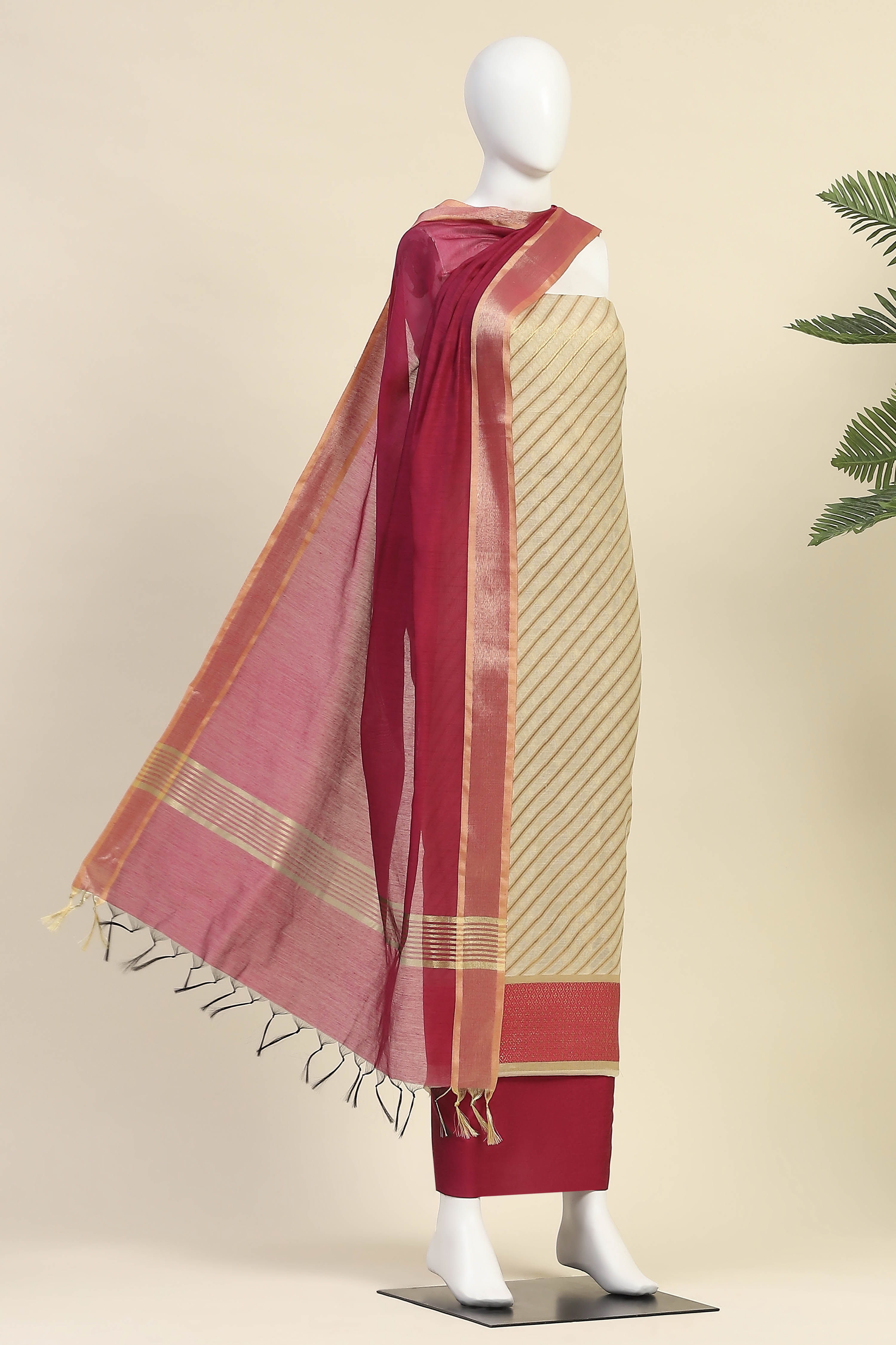 Rust Poly Silk Banarasi Unstitched Suit Set image number 4