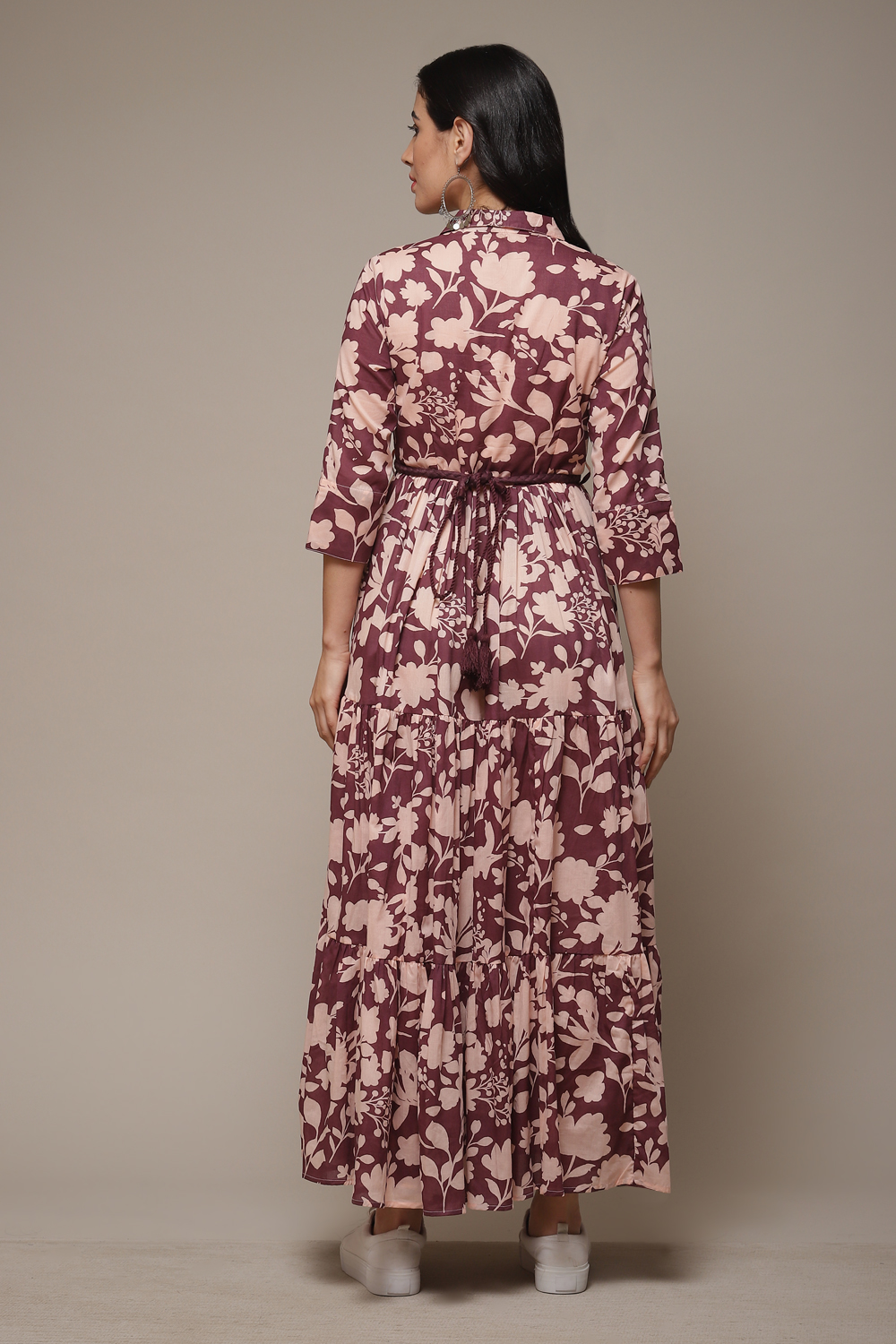 Beige Cotton Tiered Printed Dress image number 2