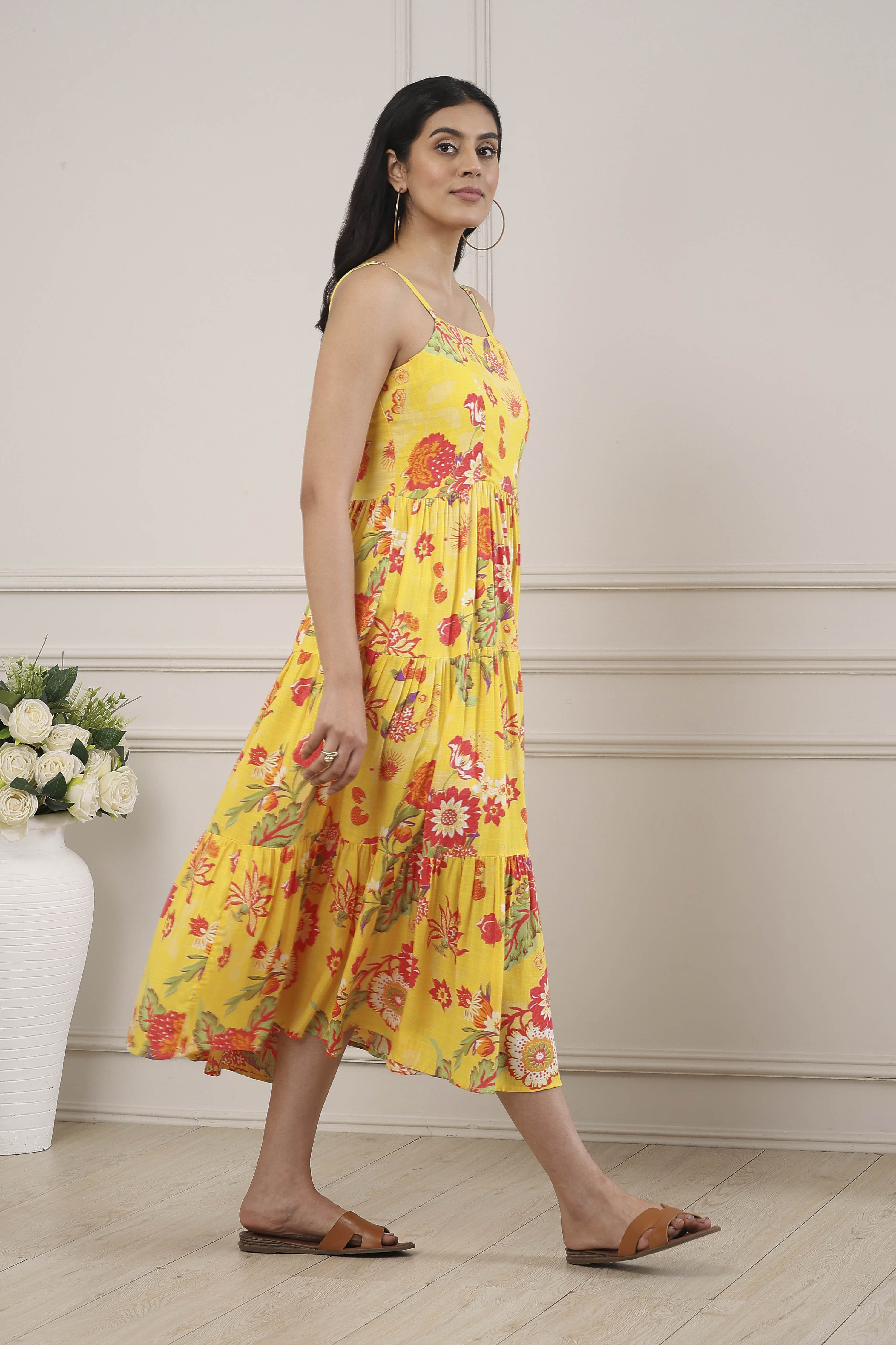 Yellow Floral Printed Strappy Tiered Dress image number 4