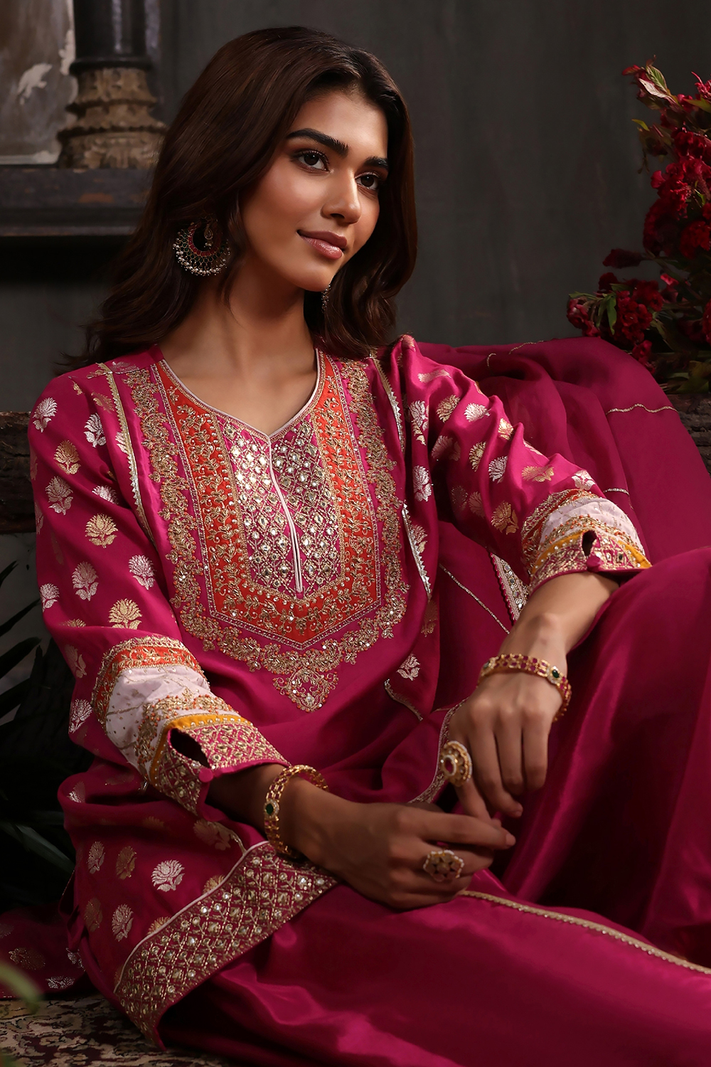 Earthy Blue Chanderi Jacquard Dori Embroidery Straight Suit Set image number 0