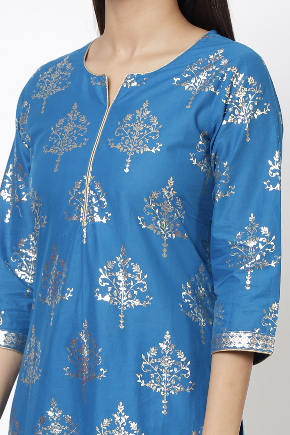 Royal Blue Cotton Straight Kurta Pant Suit Set image number 1