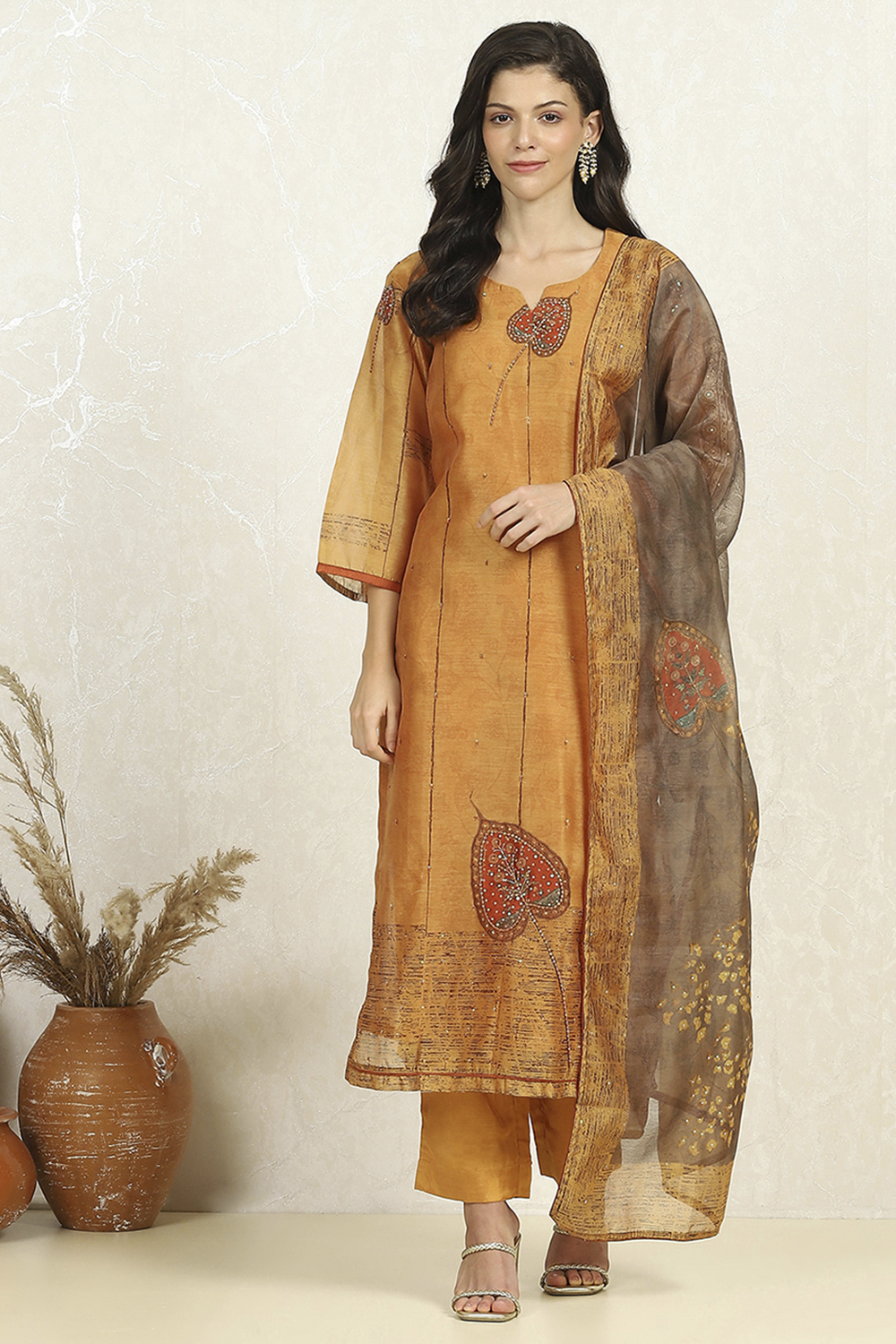 Rust Chanderi Unstitched Suit Set image number 7