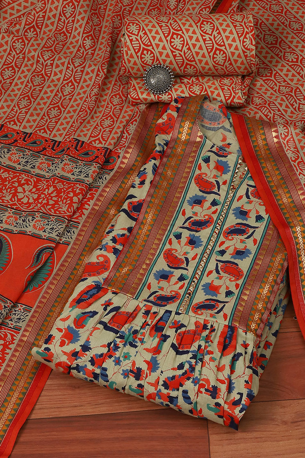 Red Cotton Hand Block Print Unstitched Suit Set image number 0