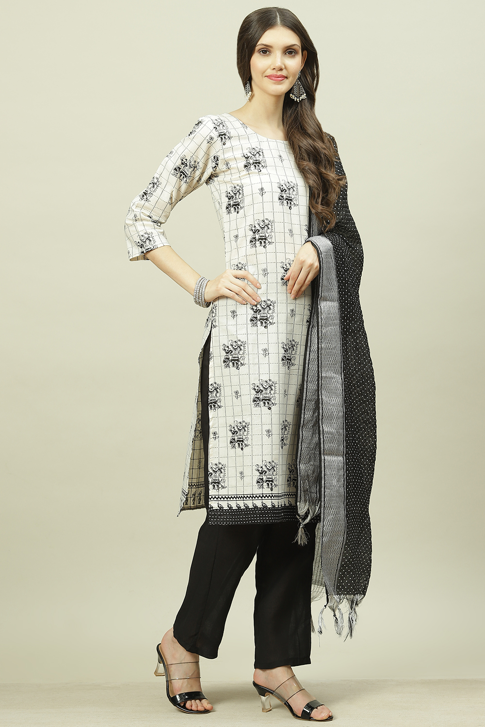 White Cotton Machine Embroidered Unstitched Suit Set image number 6