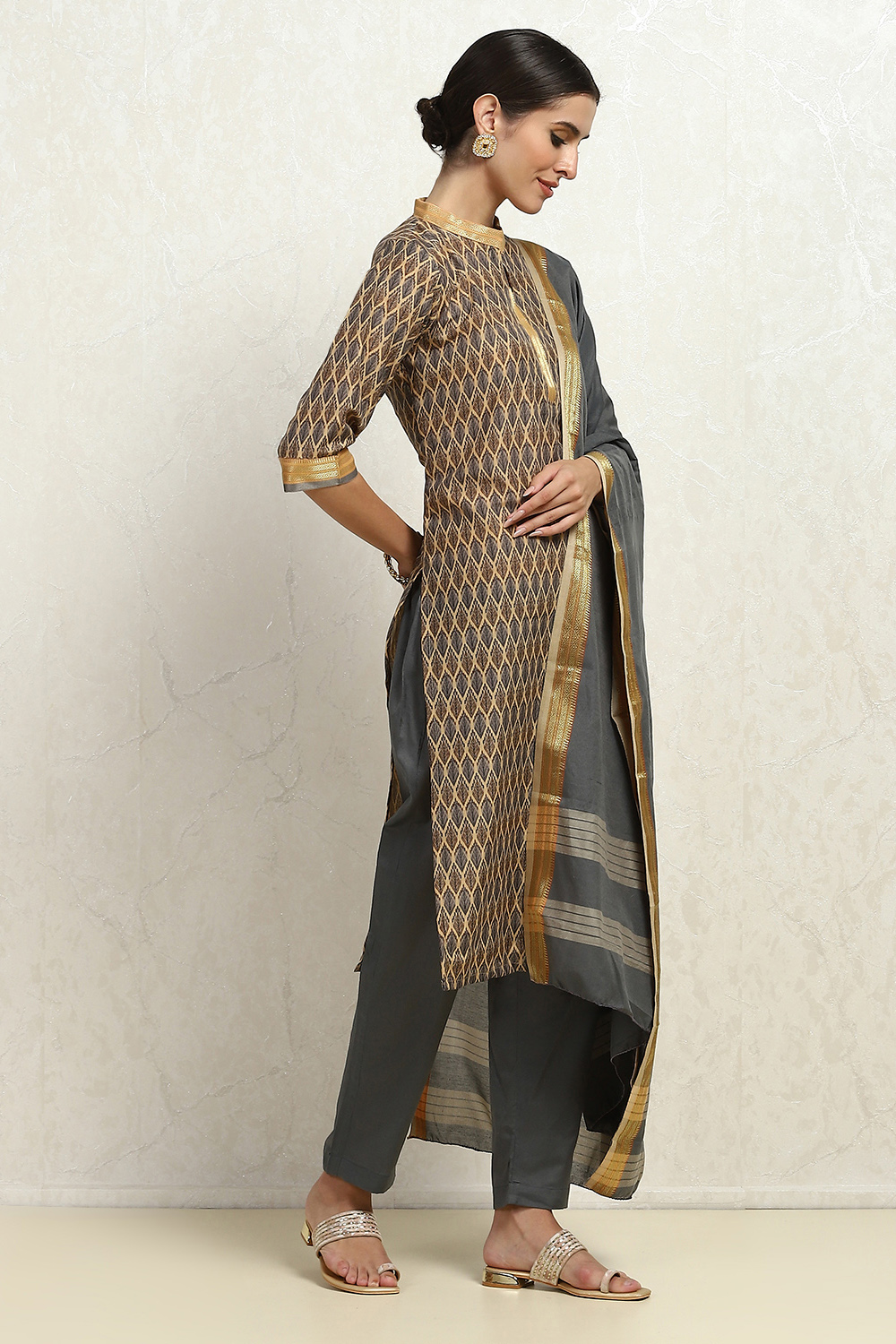 Grey Cotton Handloom Unstitched Suit Set image number 6