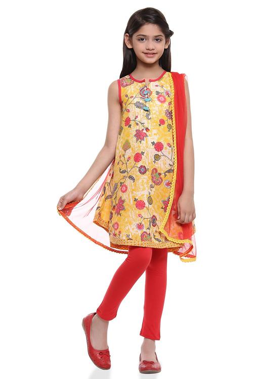 Yellow Cotton A-Line Kurta Churidar Suit Set image number 0