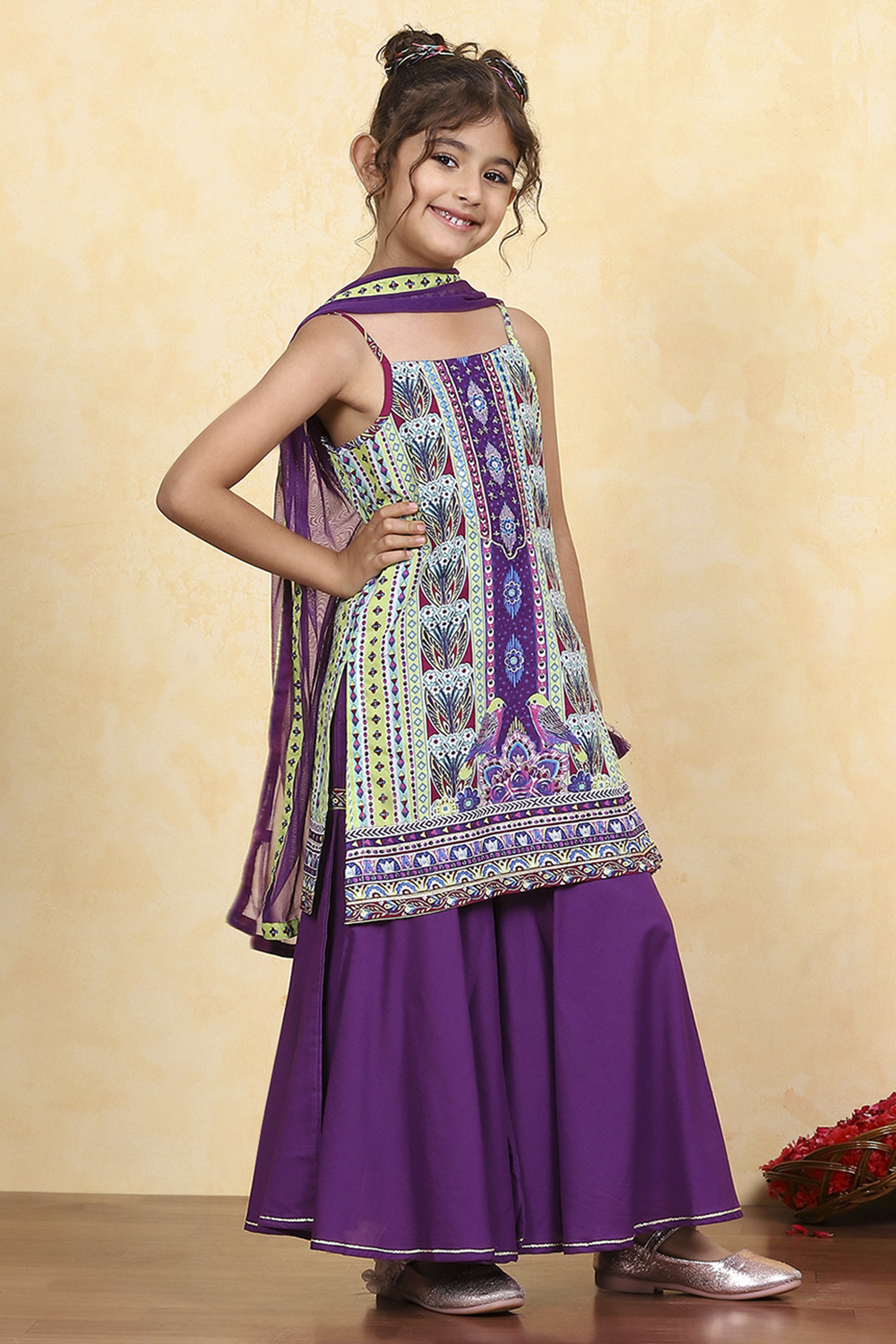 Purple Cotton Printed Straight Sharara Suit Set image number 5