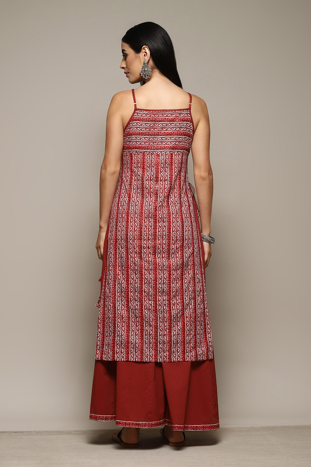 Red Cotton Straight Printed Kurta Sharara Suit Set image number 4