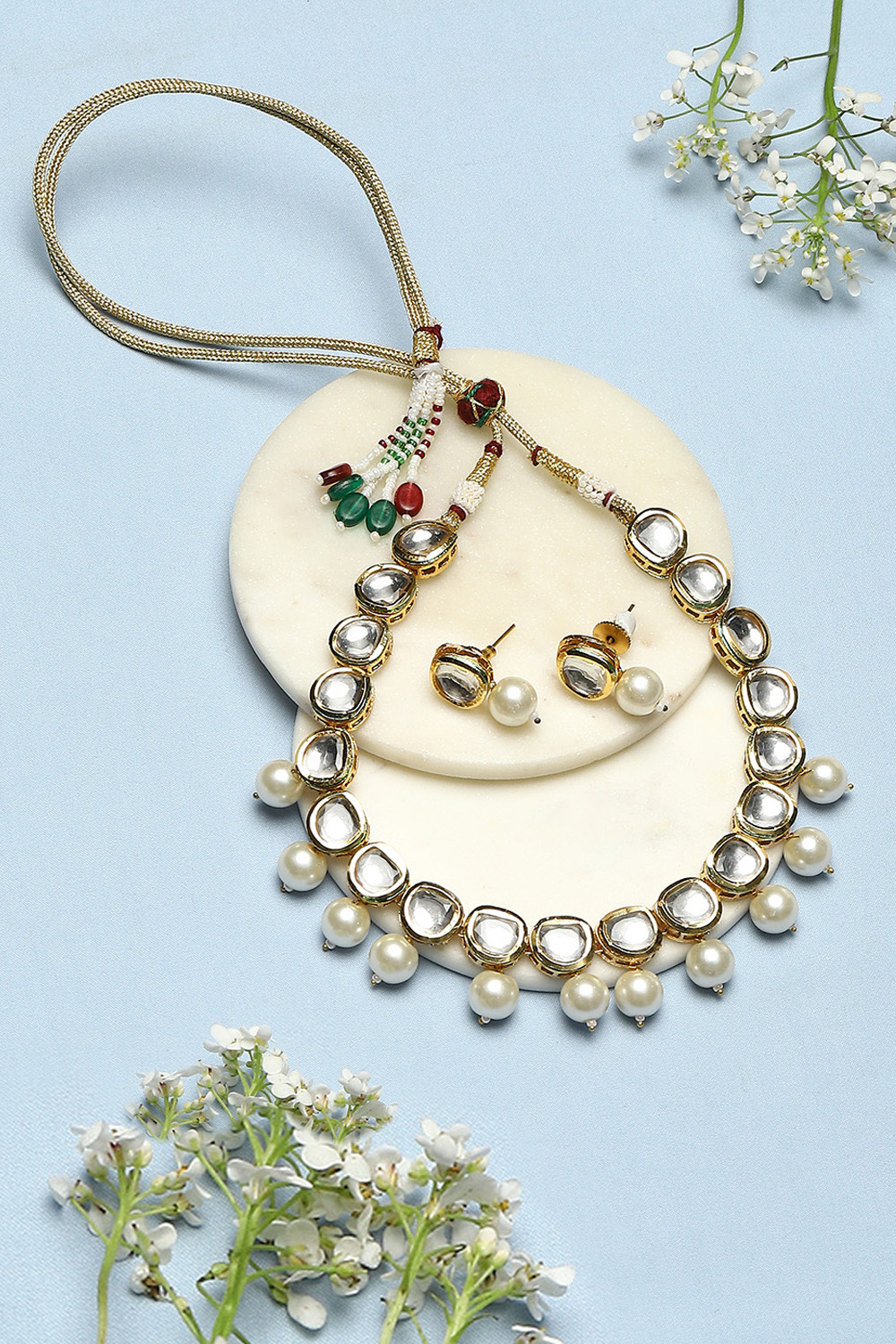 Gold Pearl Brass Necklace Set image number 0