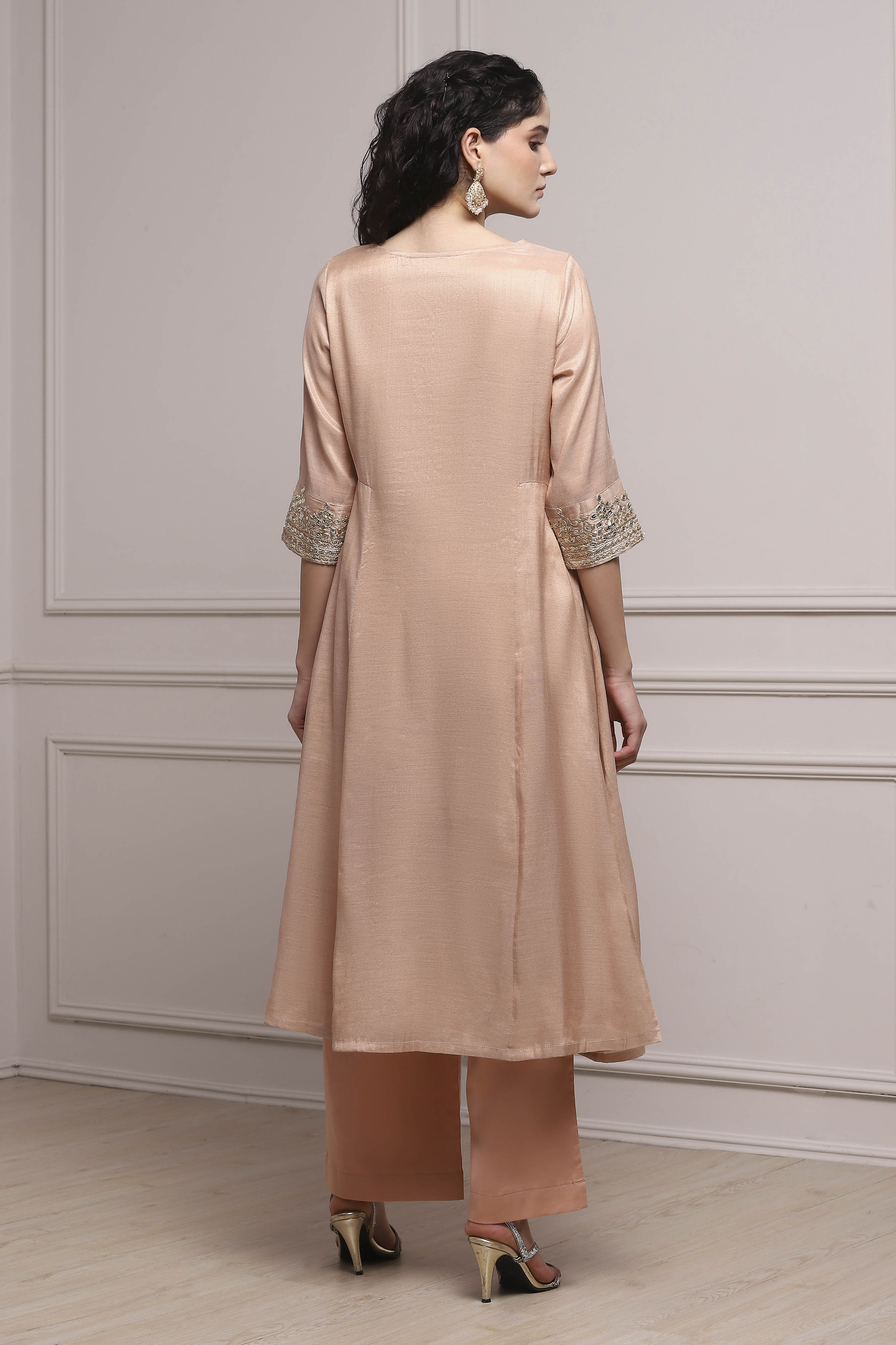 Blush Peach Cotton Tissue Embroidered Dyed Kalidar Suit Set image number 4