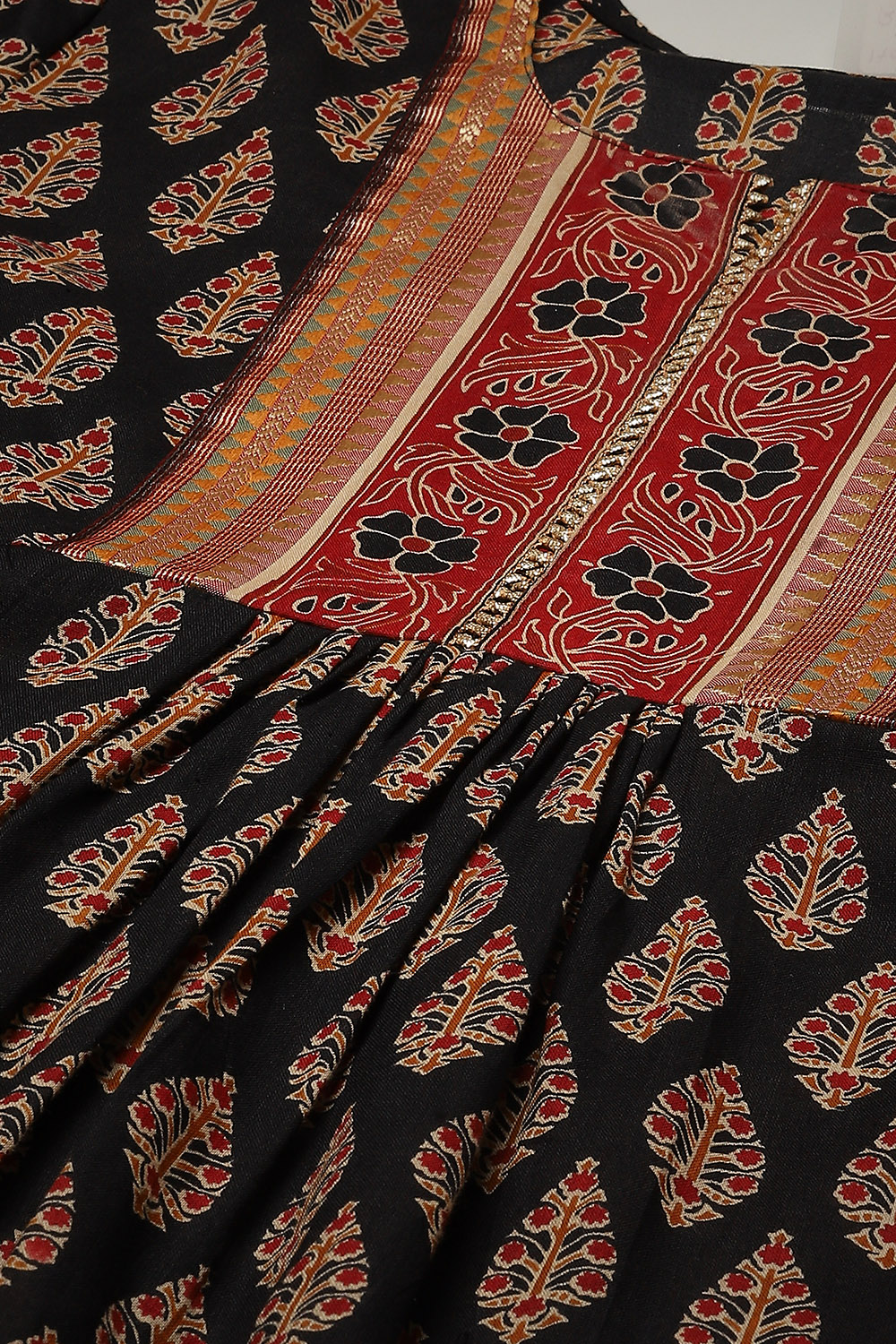 Black Cotton Hand Block Print Unstitched Suit Set image number 6