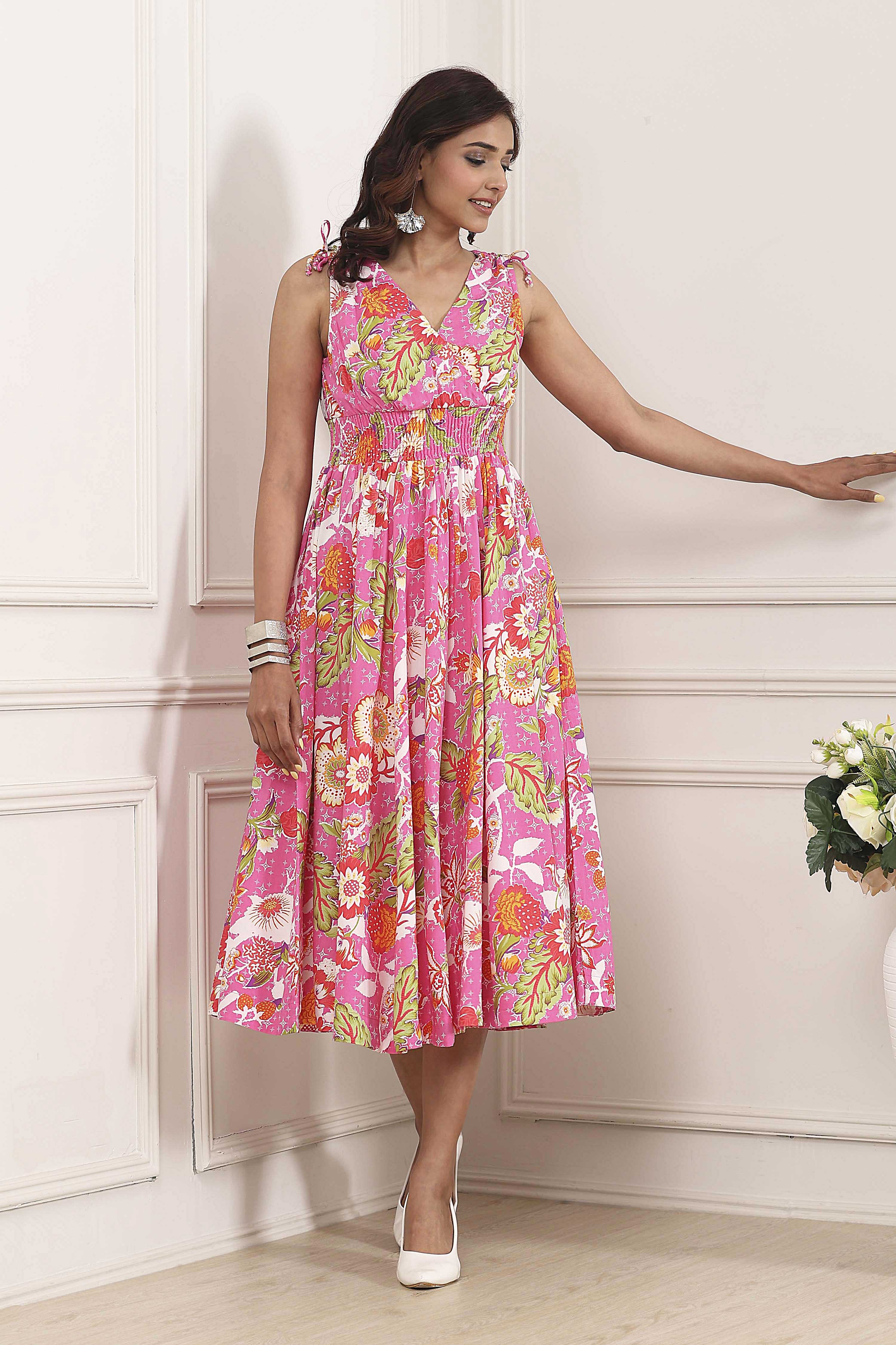 Pink Floral Printed Kalidar Flared Dress image number 0