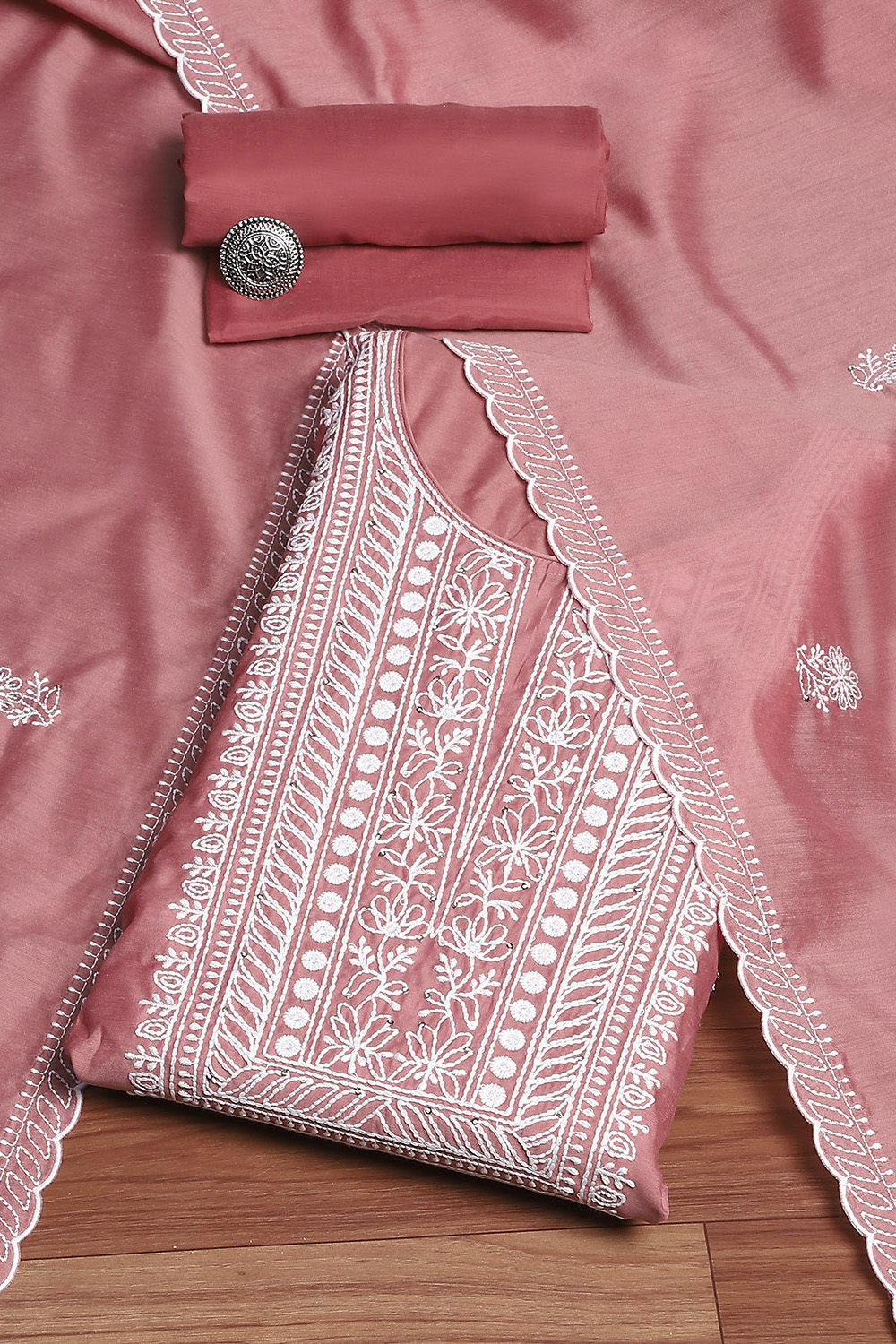 Peach Chanderi Machine Embroidered Unstitched Suit Set image number 0