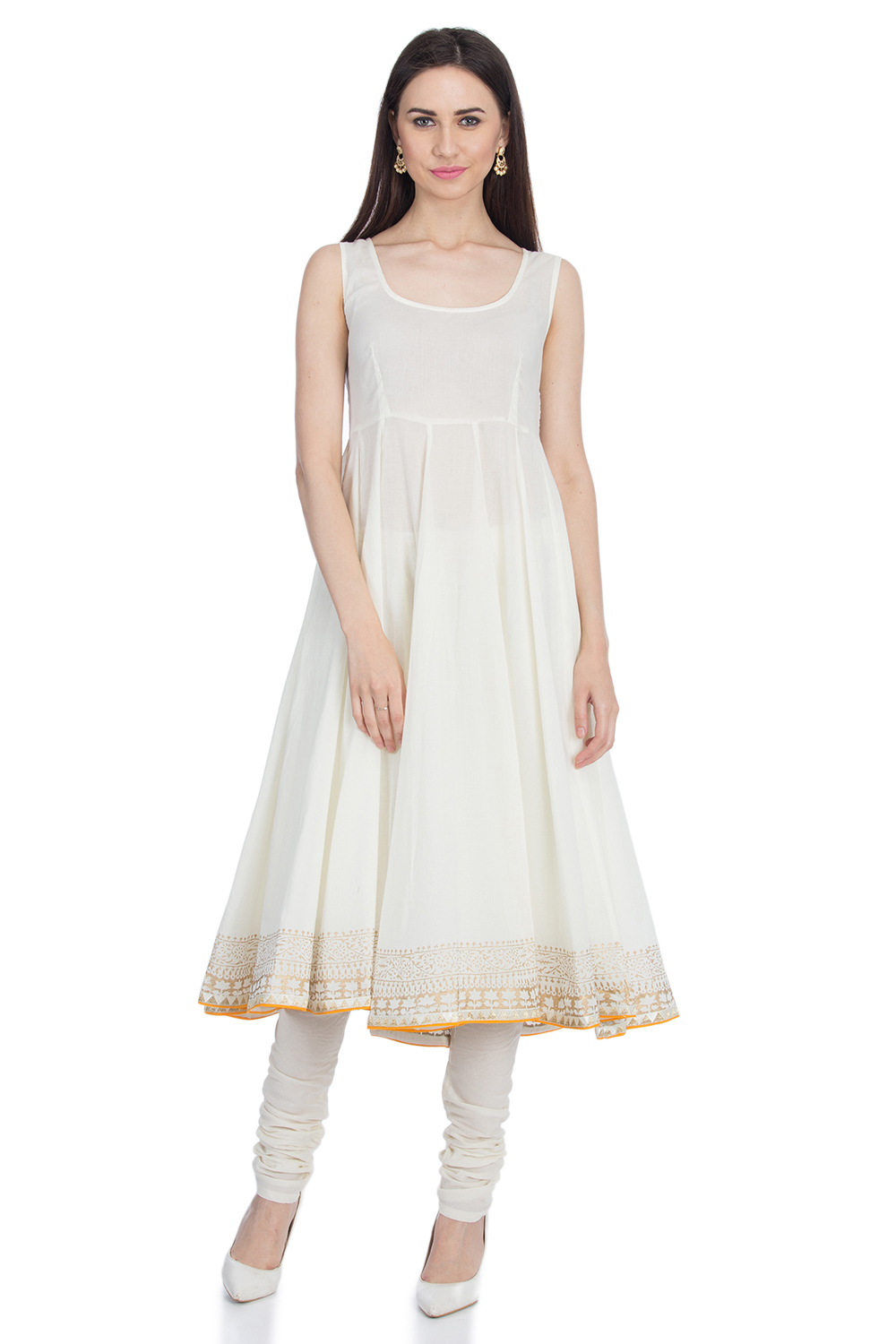 Coral Pink Front Open Cotton Kurta Churidar Suit Set image number 4