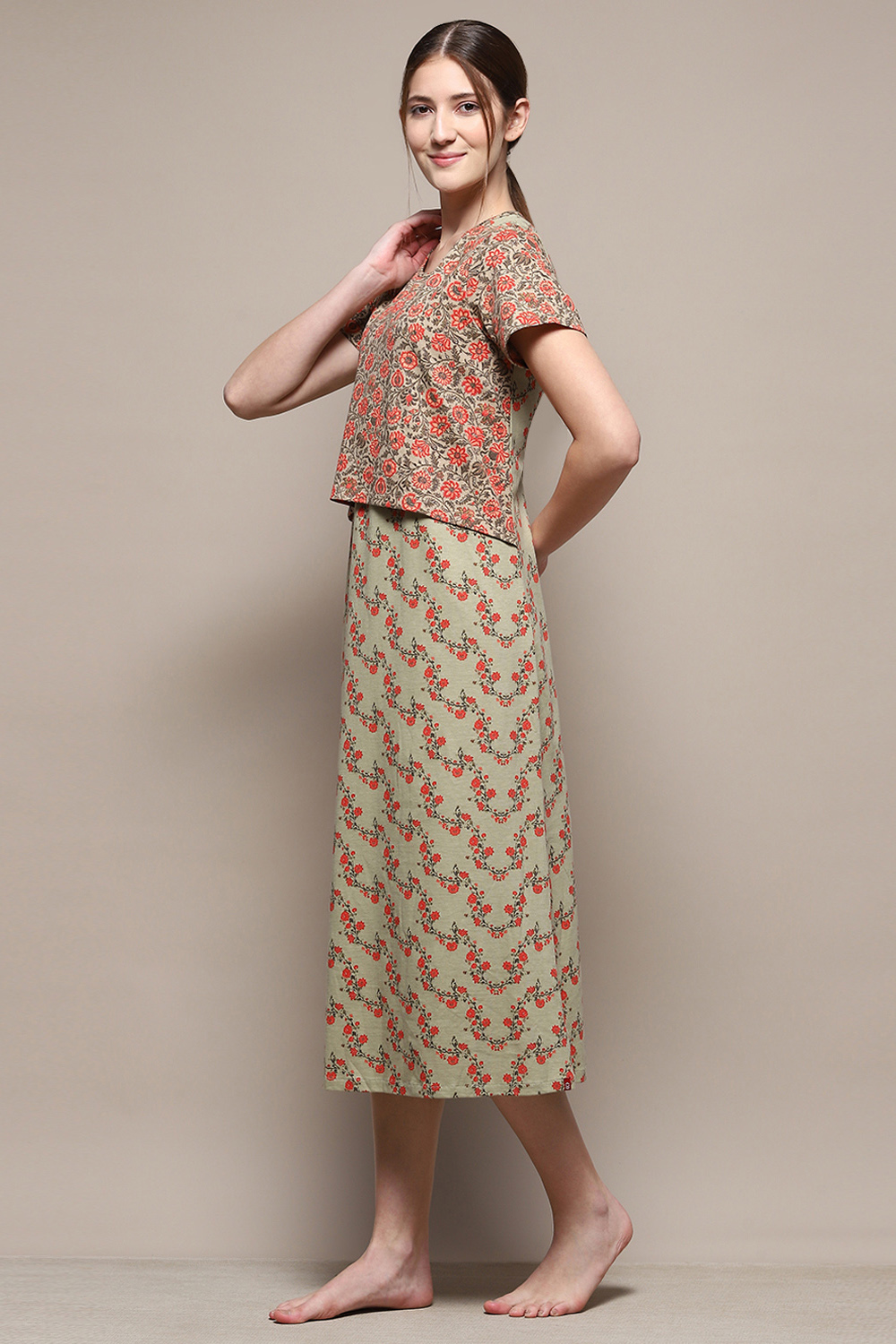 Sage Green Cotton Blend Printed Nightdress image number 2
