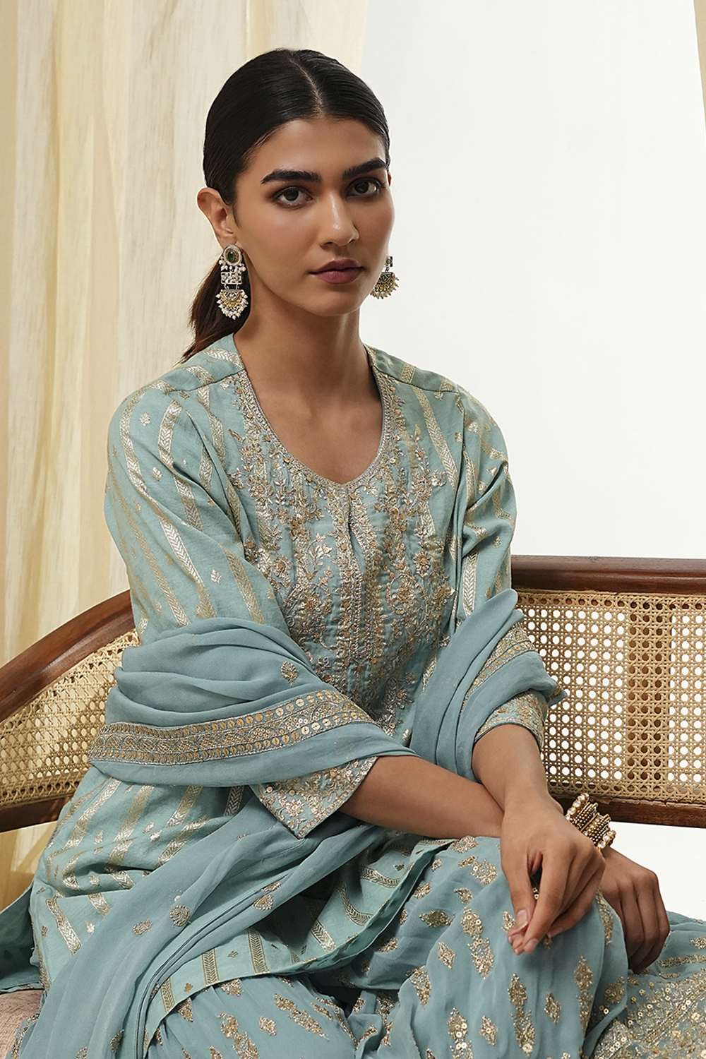 Powder Blue Embroidered Straight Suit Set image number 4