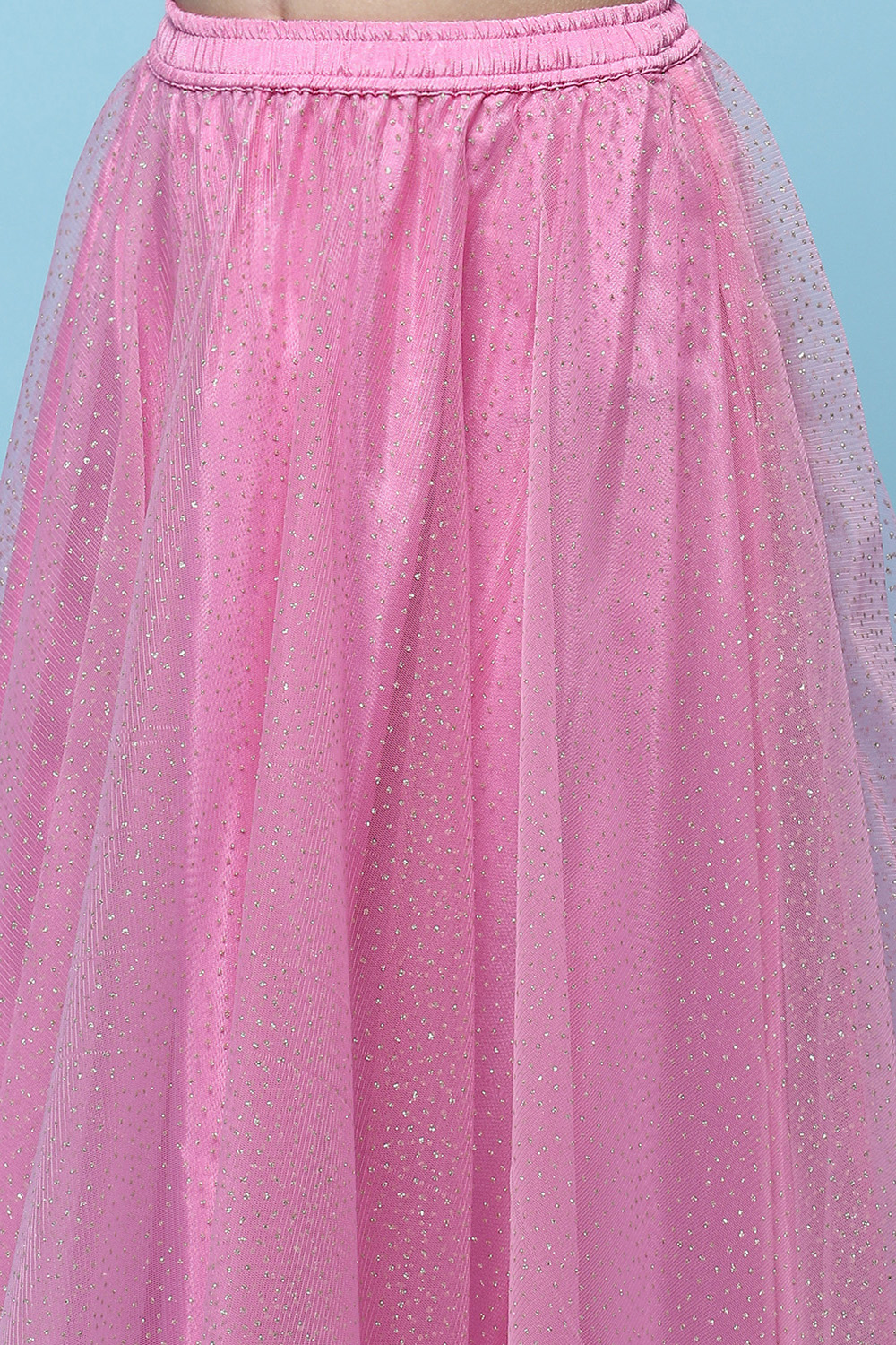 Blue Cotton Printed Blouse With Net Lehenga & Net Dupatta image number 2