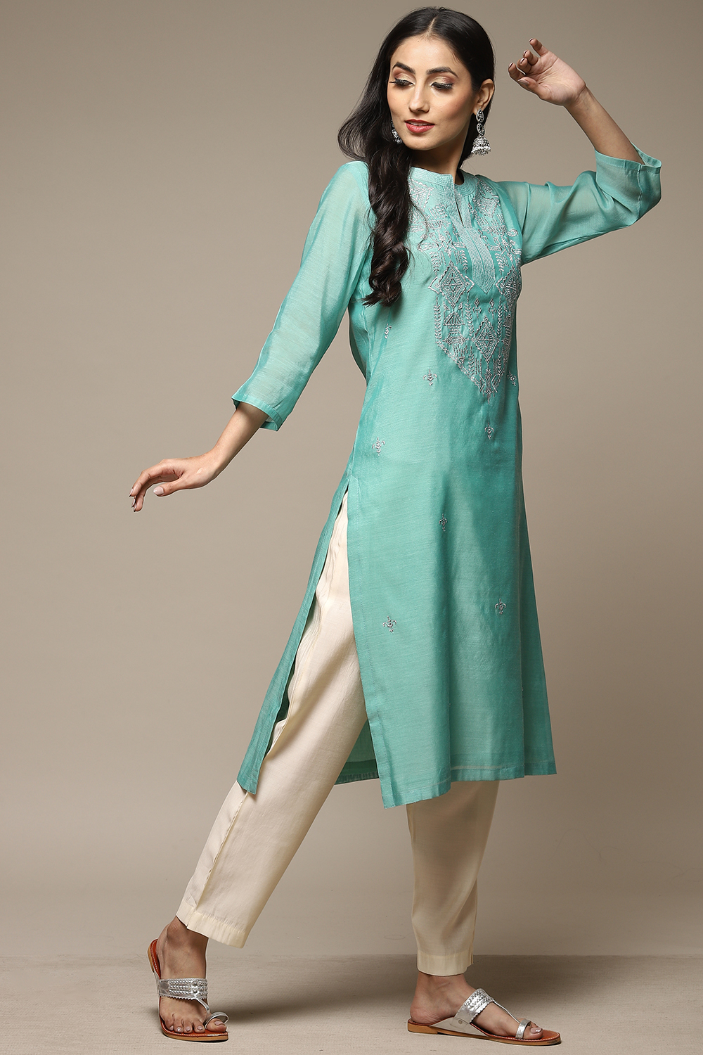 Blue Cotton Blend Straight Yarndyed Kurta image number 3