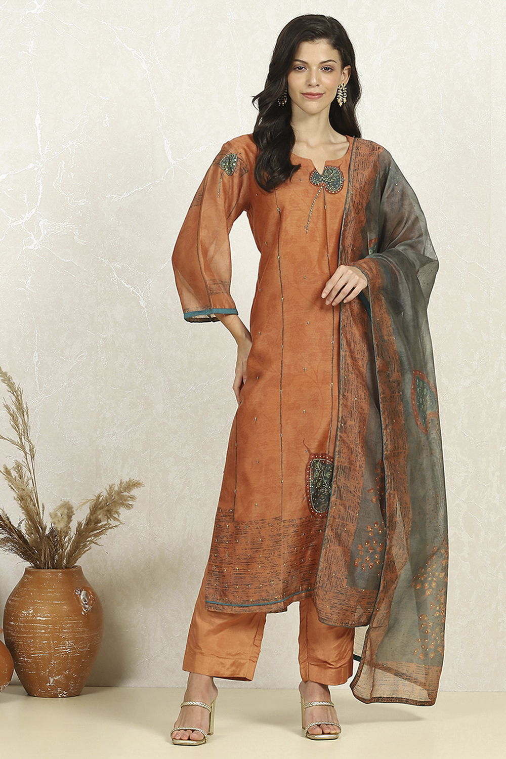 Rust Chanderi Unstitched Suit Set image number 7