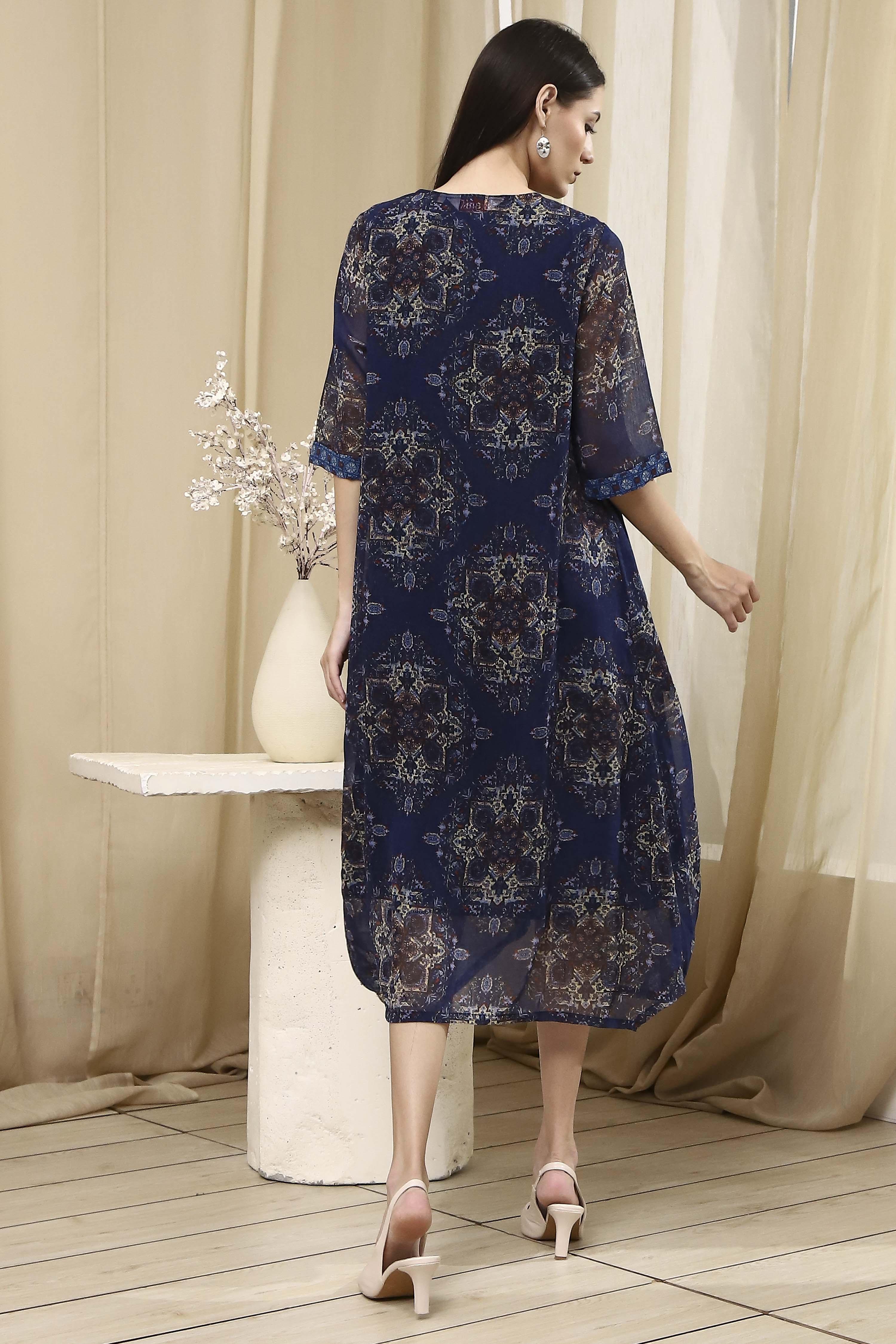 Blue Georgette Printed Asymmetric Dress image number 3