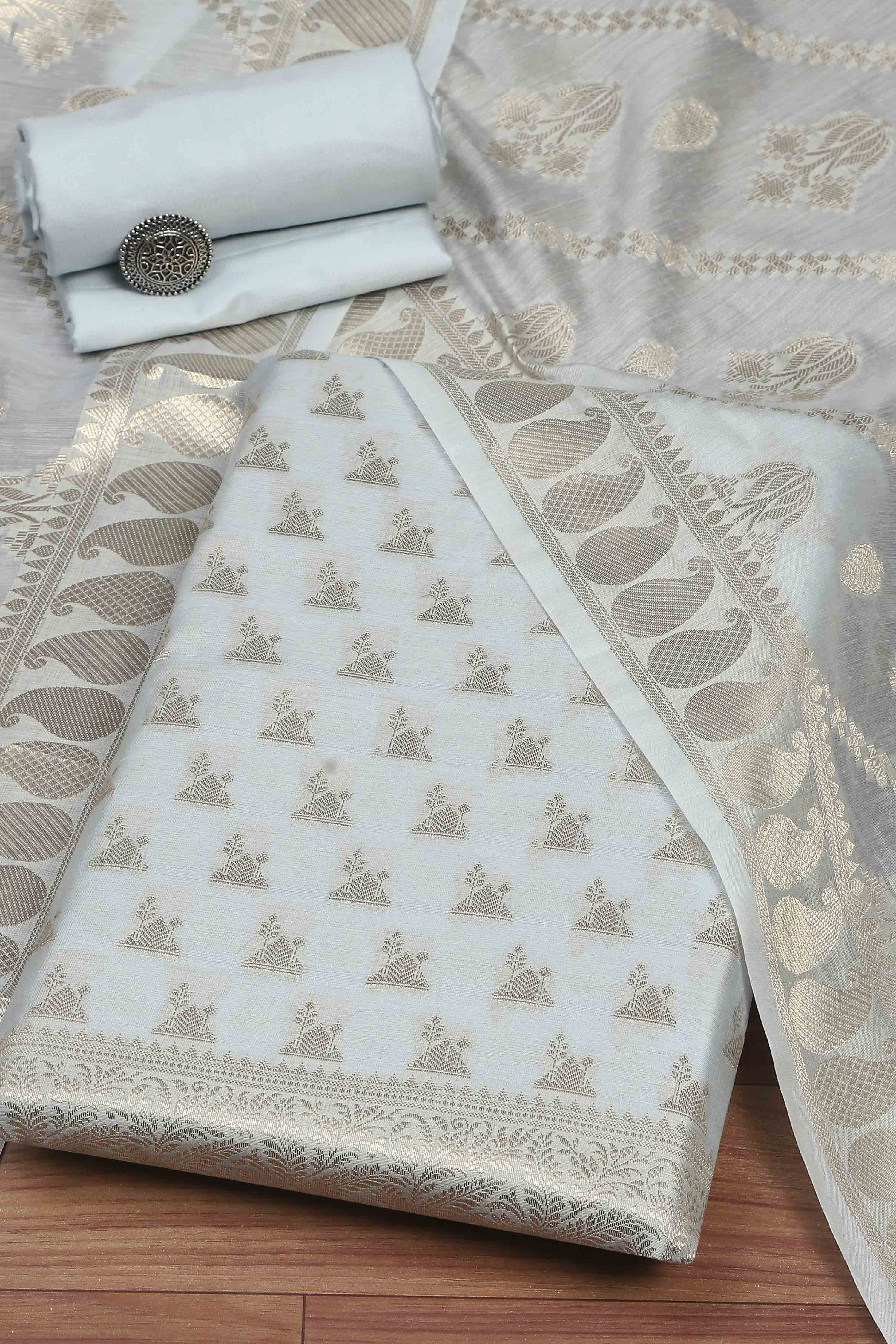 Blue Poly Silk Banarasi Unstitched Suit Set image number 0