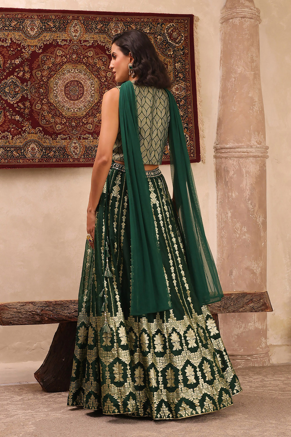 Green Jacquard Printed Mirror Work Lehenga Set image number 3