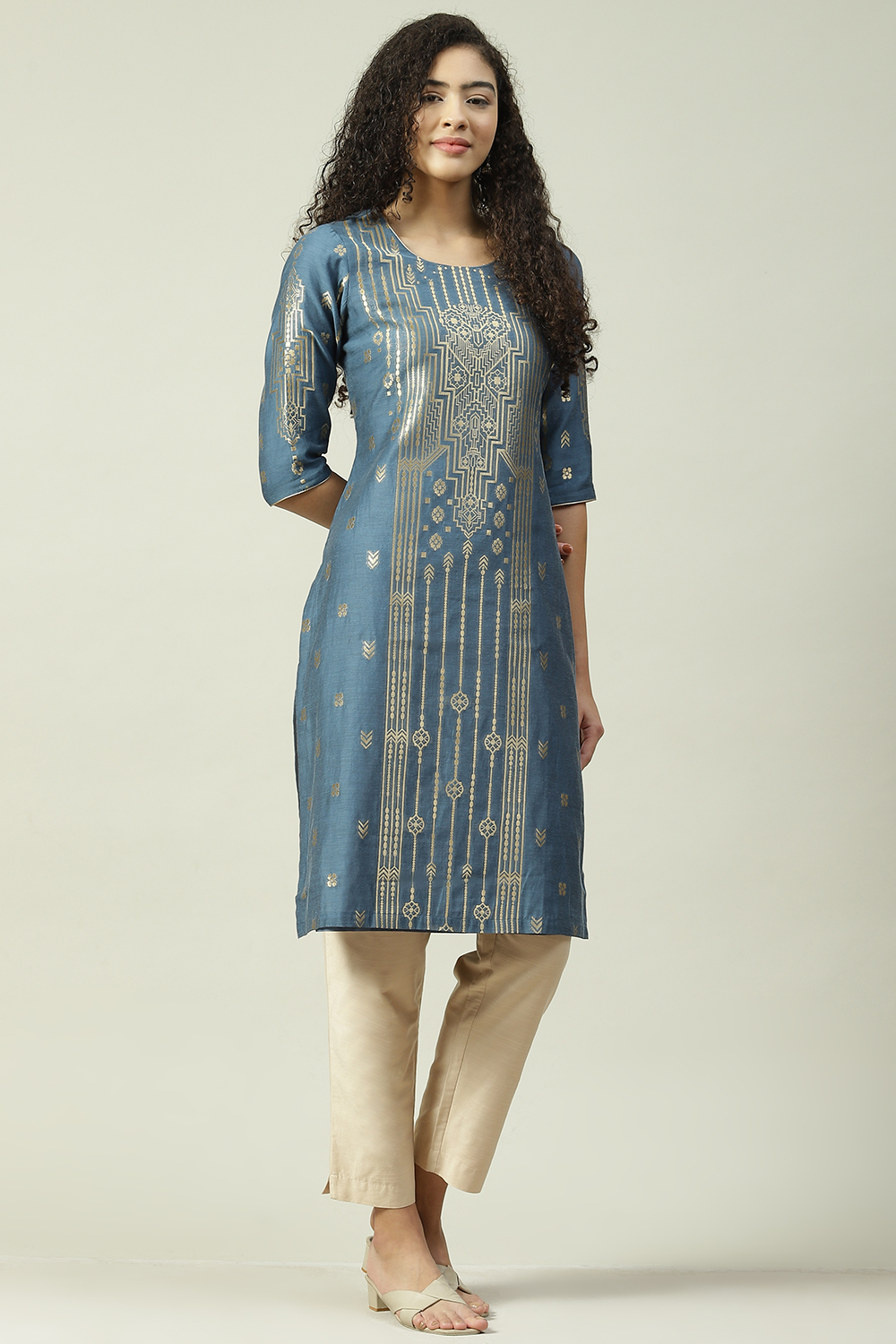 Pink Poly Cotton Straight Yarndyed Kurta image number 3