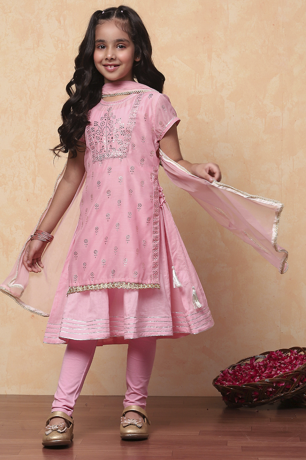Pink Metallic Print Layered Flared Suit Set image number 0