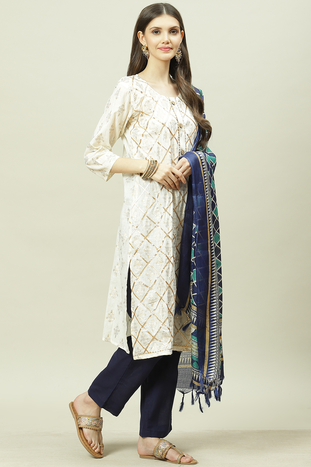 Blue Cotton Machine Embroidered Unstitched Suit Set image number 6