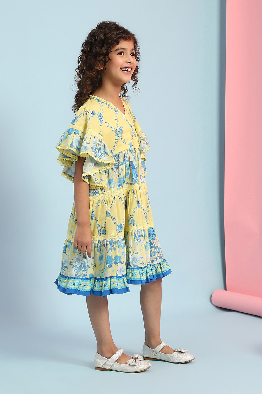 Yellow Cotton Printed Tiered Dress image number 4