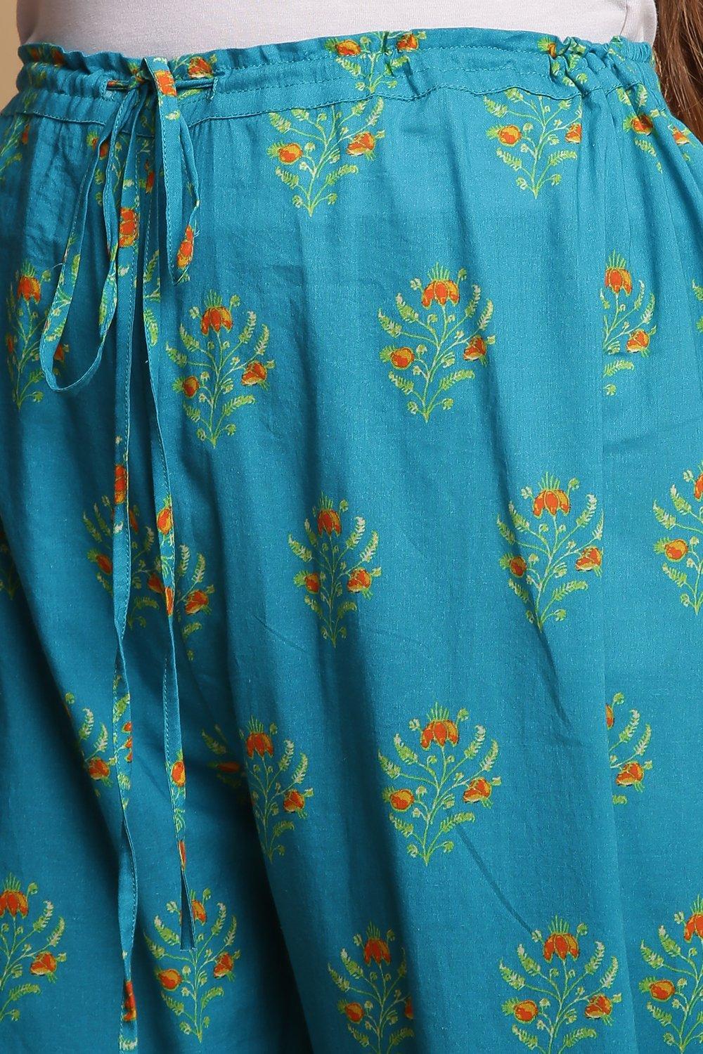 Teal Cotton A-Line Kurta Palazzo Suit Set image number 2