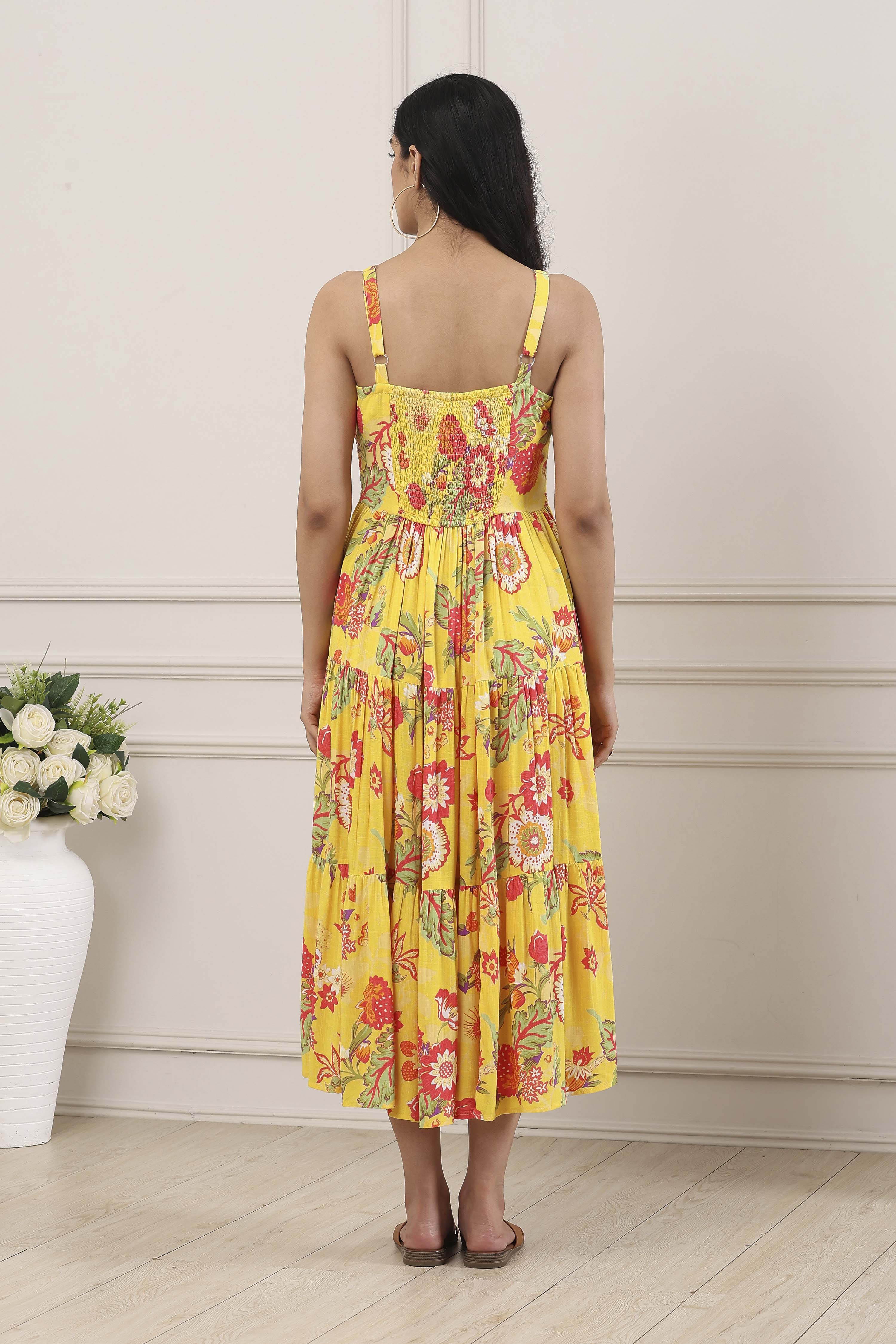 Yellow Floral Printed Strappy Tiered Dress image number 3