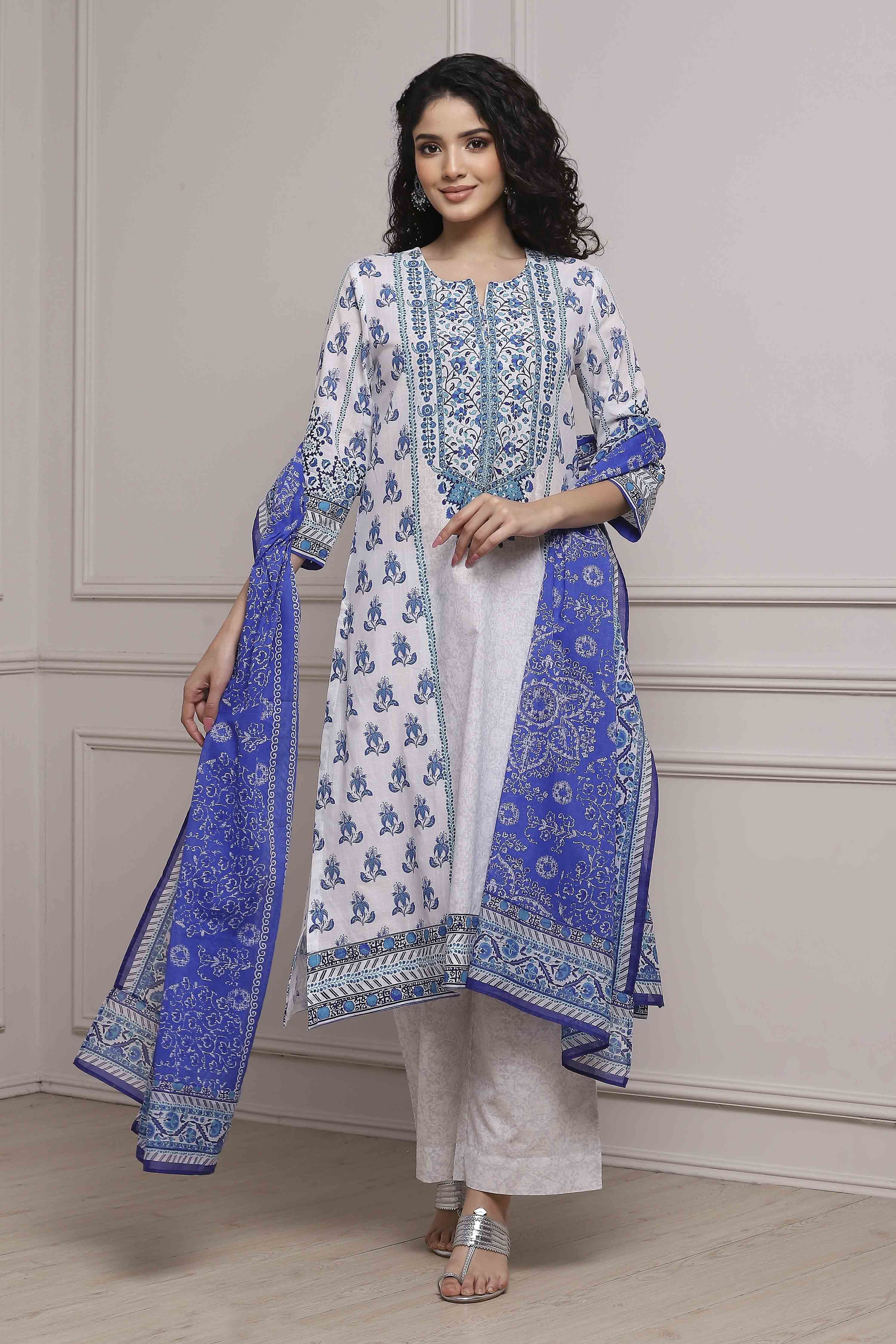 White and Blue Cotton Printed Straight Suit Set image number 0