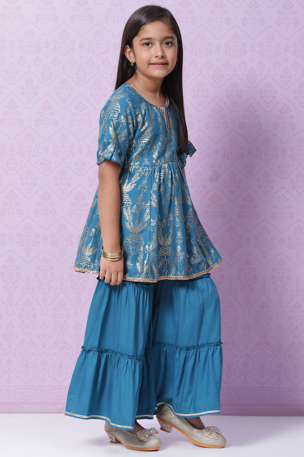 Berry Pink Rayon Flared Printed Kurta Set image number 5