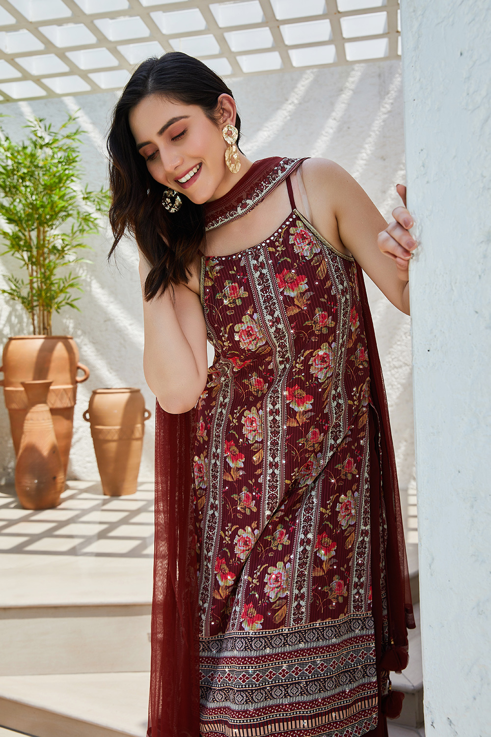 Maroon Printed Straight Kurta & Palazzo Suit Set image number 7