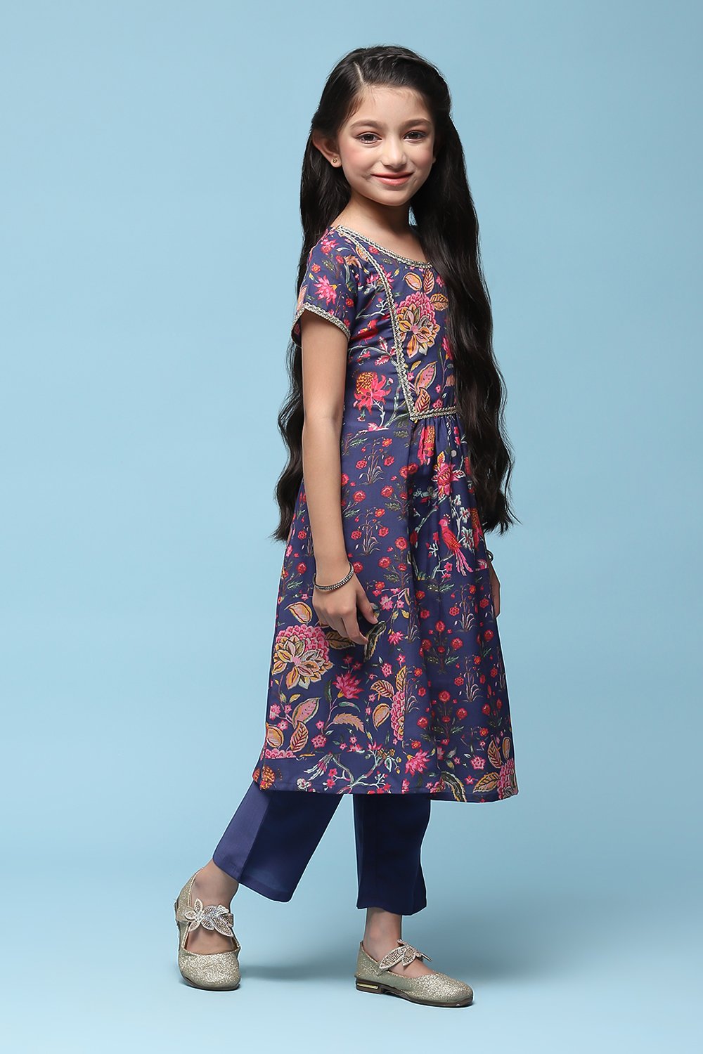 Blue Polyester Gathered Printed 2 Piece Set image number 5